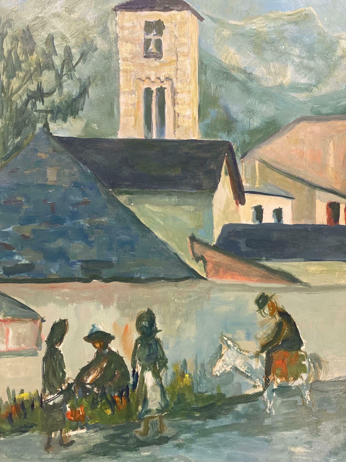 Bernard Labbe1950's Modernist Painting     Bright Blue Town Landscape With Horse And Figures1950's photo for sale