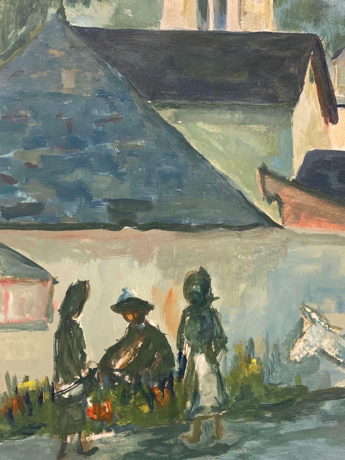 Bernard Labbe1950's Modernist Painting     Bright Blue Town Landscape With Horse And Figures1950's photo buy
