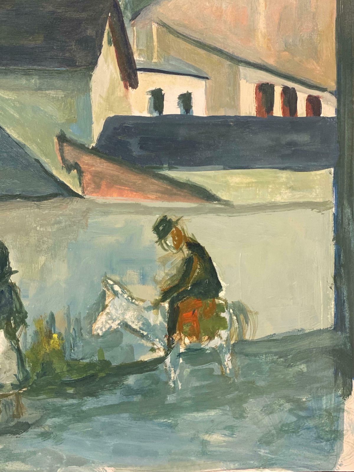 Bernard Labbe1950's Modernist Painting     Bright Blue Town Landscape With Horse And Figures1950's photo vintage