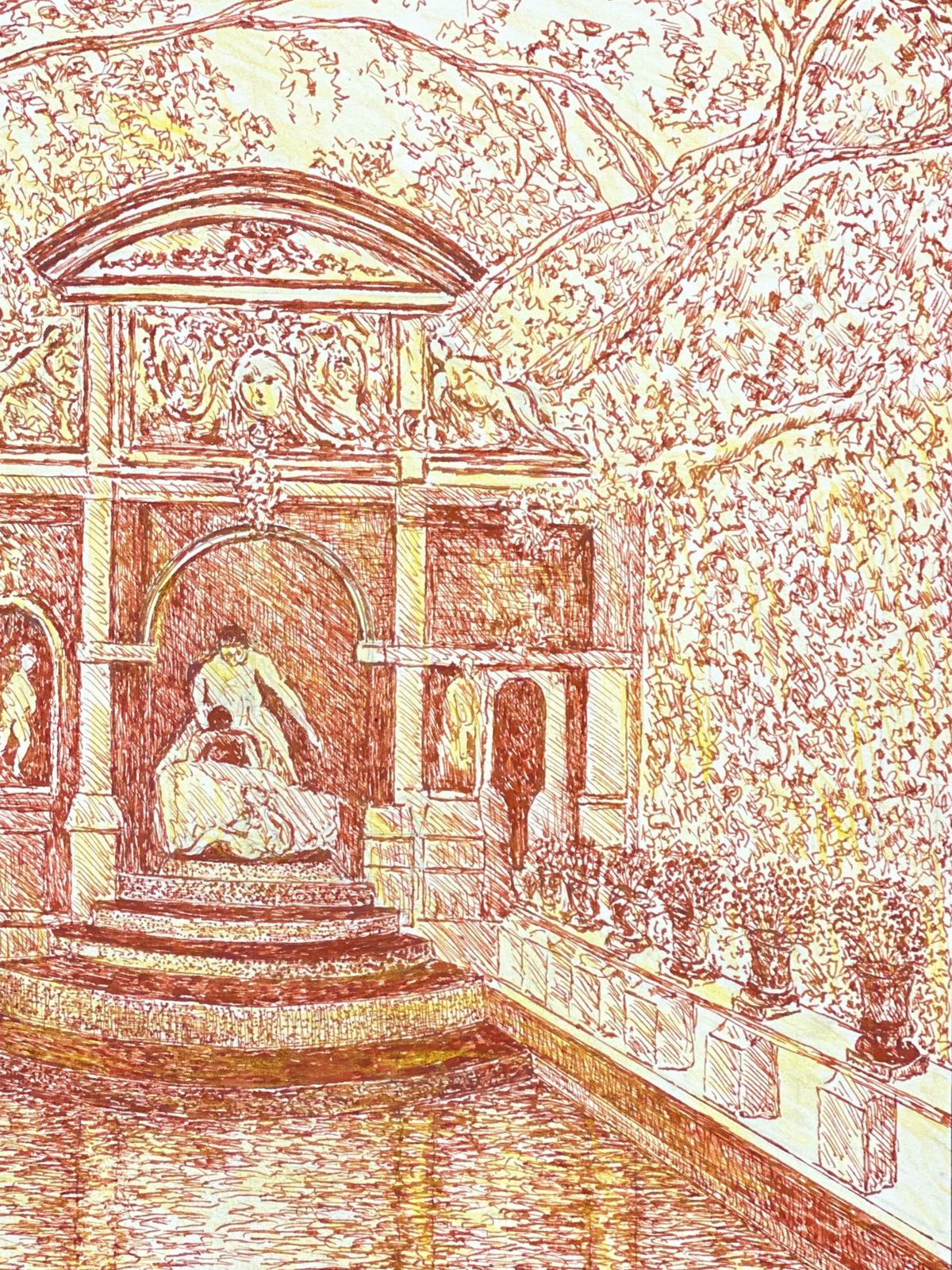 Bernard Labbe1950's Signed Modernist Painting    Fine Drawing Of Historic Fountain1950's photo for sale