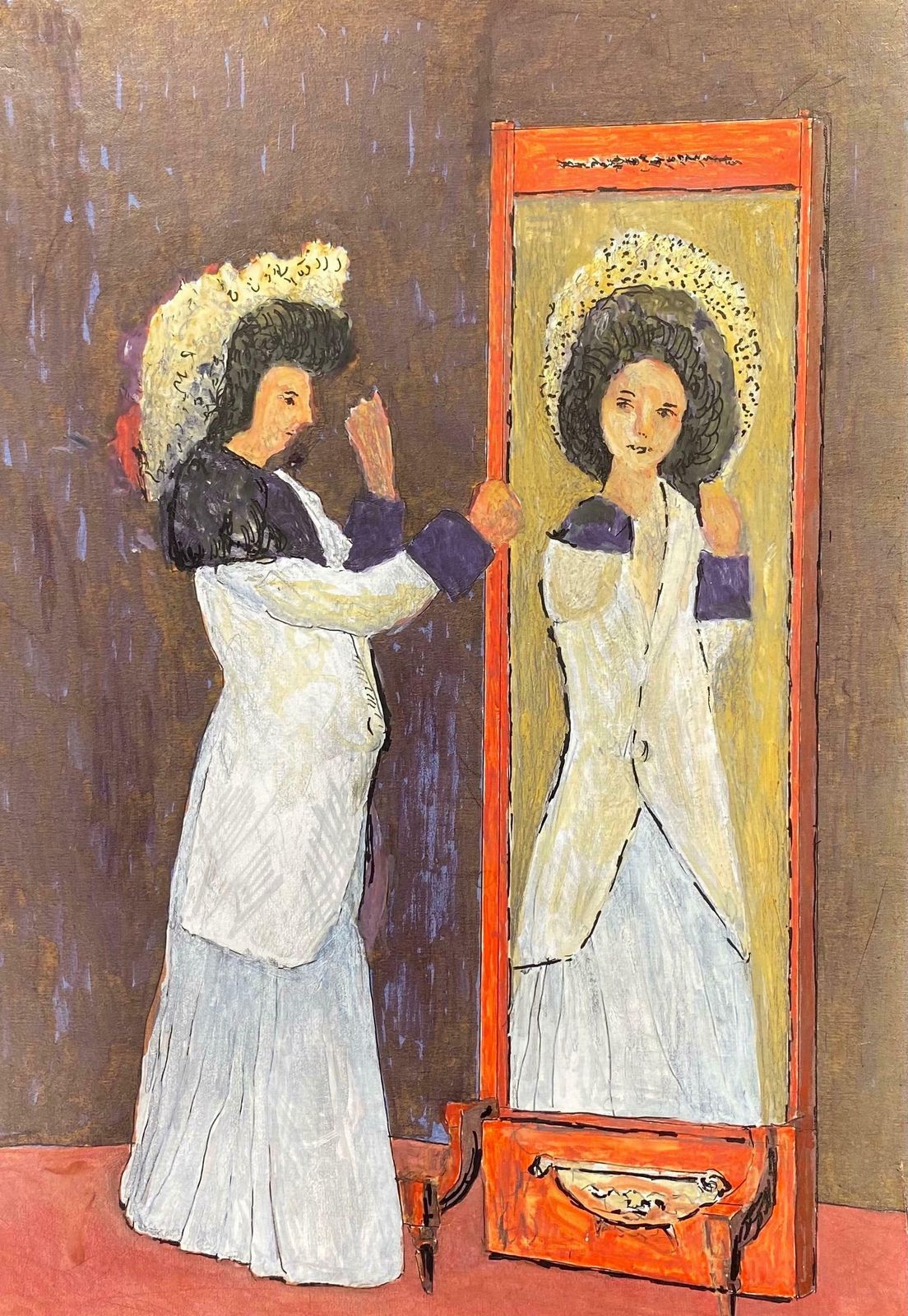 Bernard Labbe1950's Modernist Painting    Lady Reflection In Mirror1950's