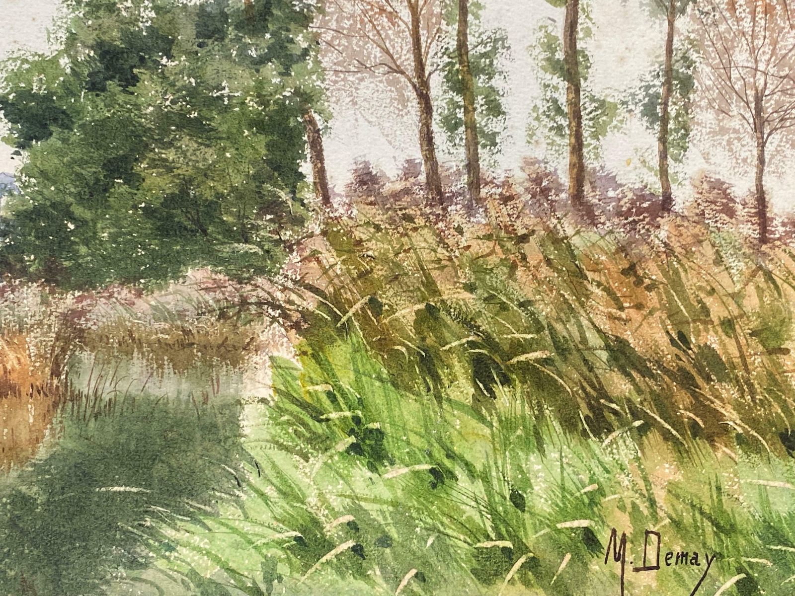 French Impressionistsigned Bright French Impressionist Watercolour Wispy Willow Trees River Landscap photo Art