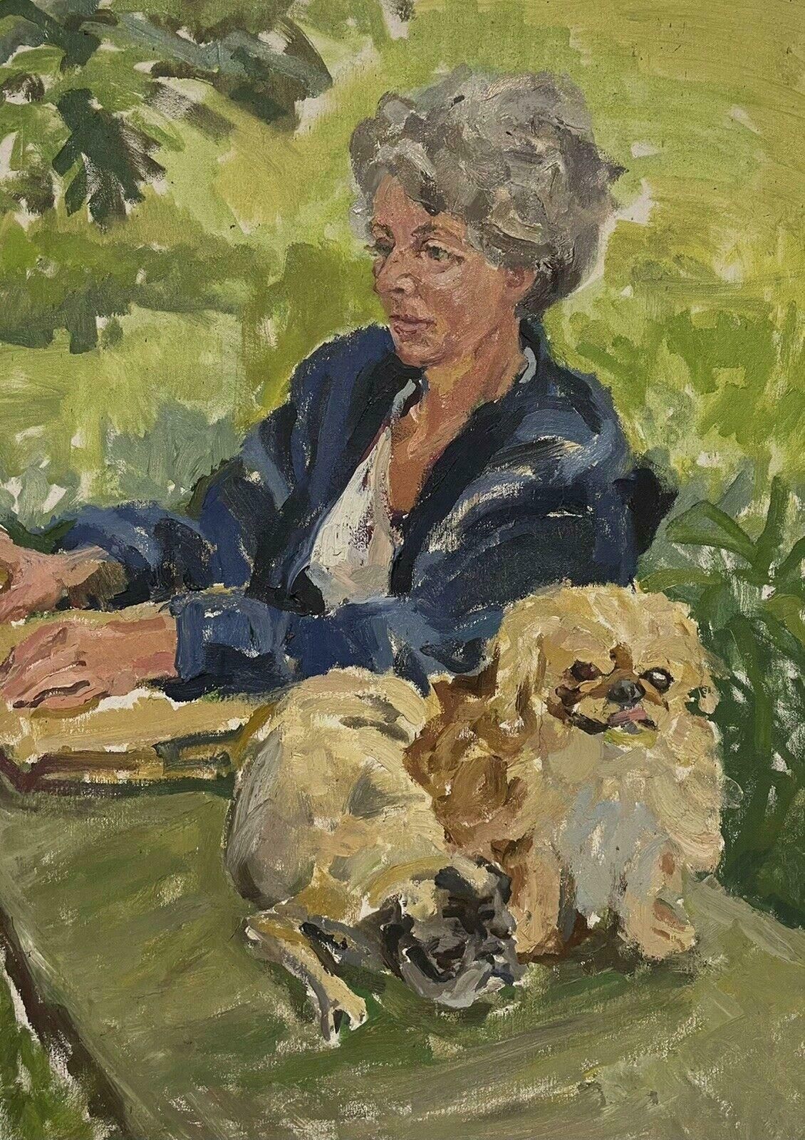 Douglas Stuart Allenlarge Impressionist Signed Oil Painting   Lady With Peke Dog In Garden20th Century photo for sale