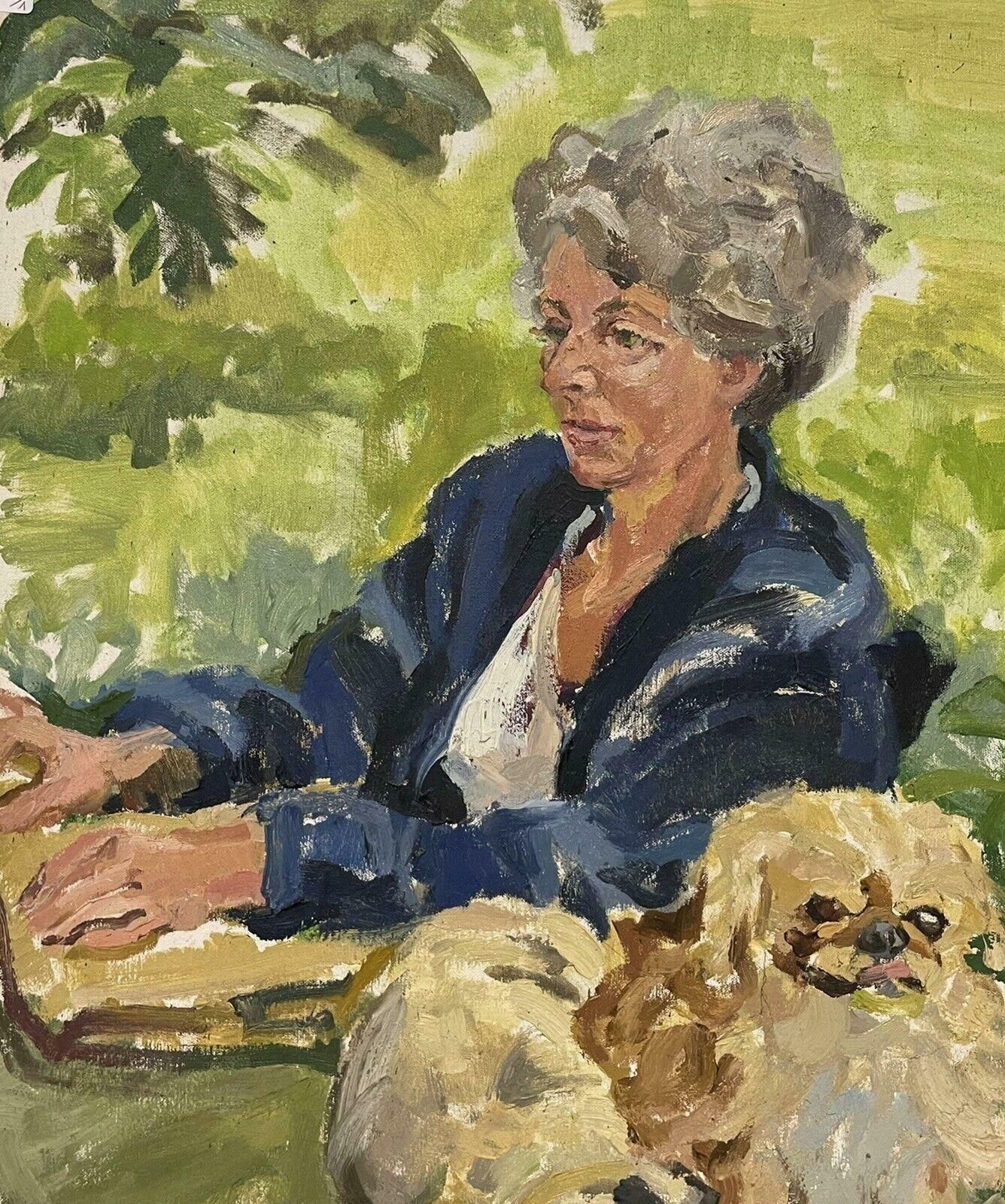Douglas Stuart Allenlarge Impressionist Signed Oil Painting   Lady With Peke Dog In Garden20th Century photo Art