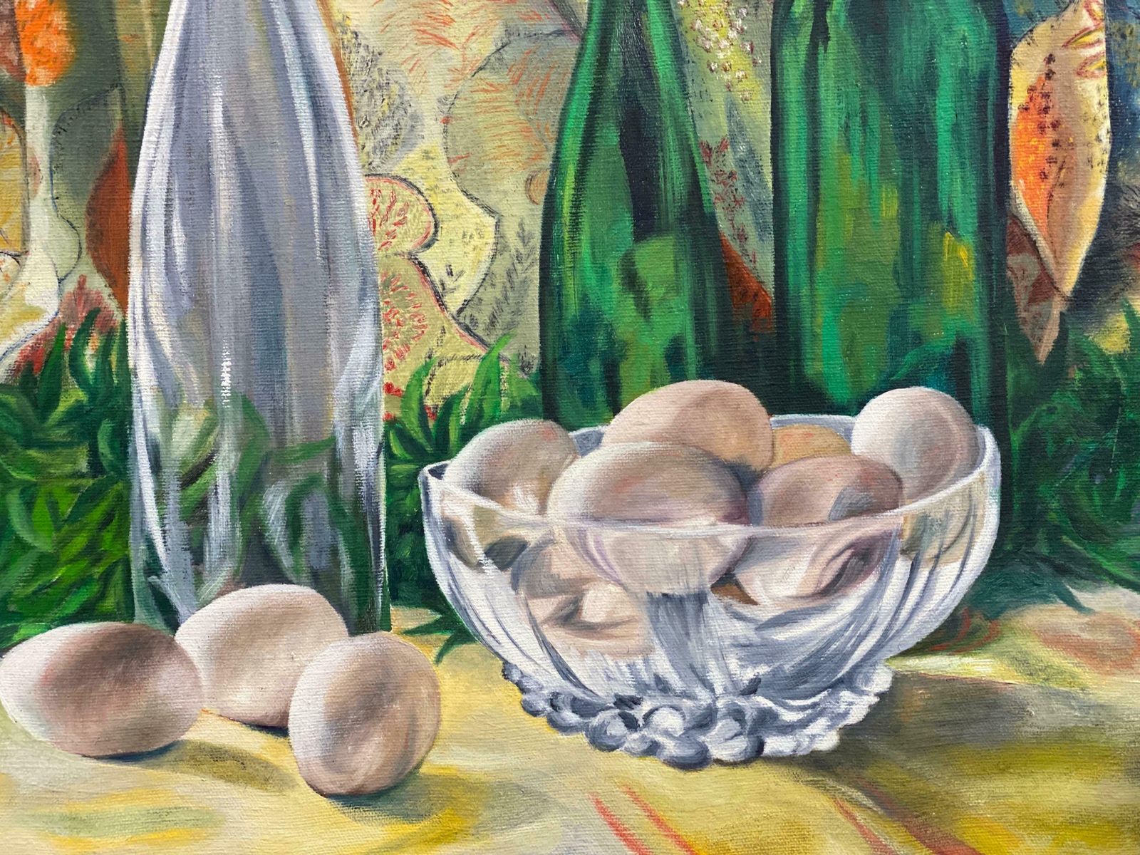 1970's French Large 1970's French Still Life Oil Painting Green Bottles Interior Scenec. 1970's photo 1200.0