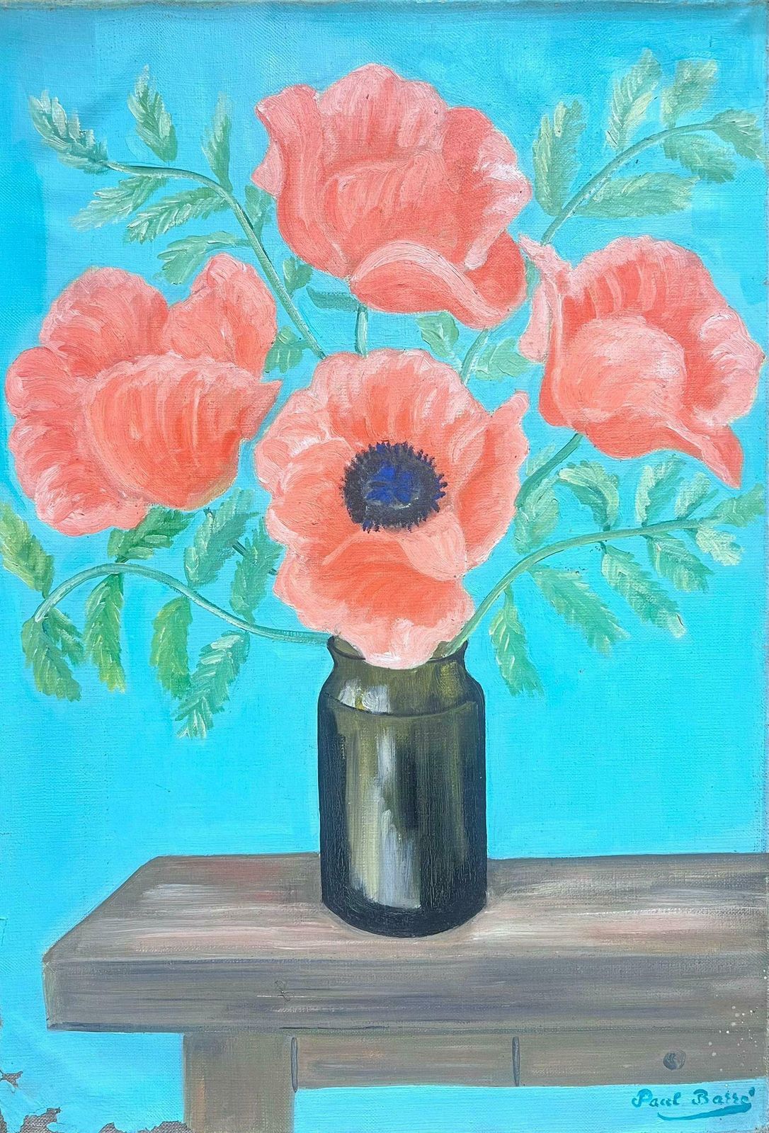 French Schoolvintage French Signed Oil Painting Red Poppies In Vase