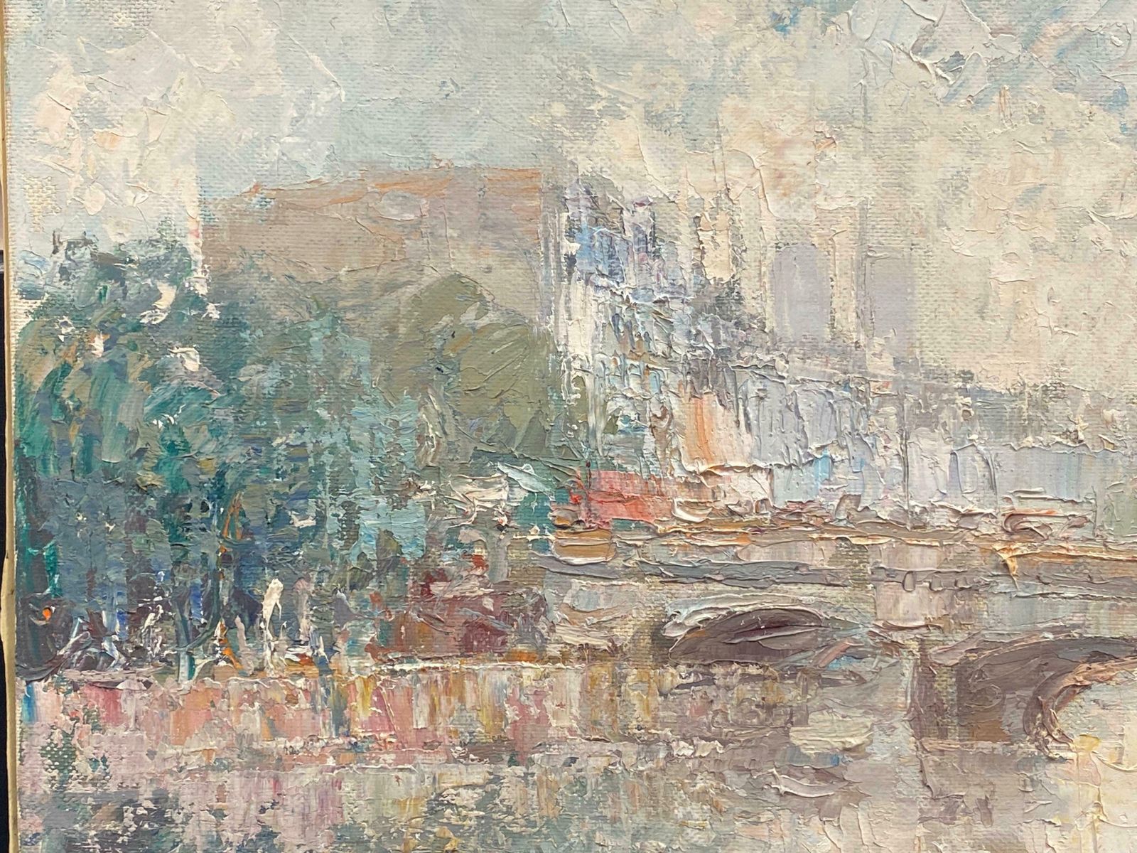 1970's Frenchpont Neuf Paris Misty River Seine Scene, French Expressionist Signed Oil photo furniture