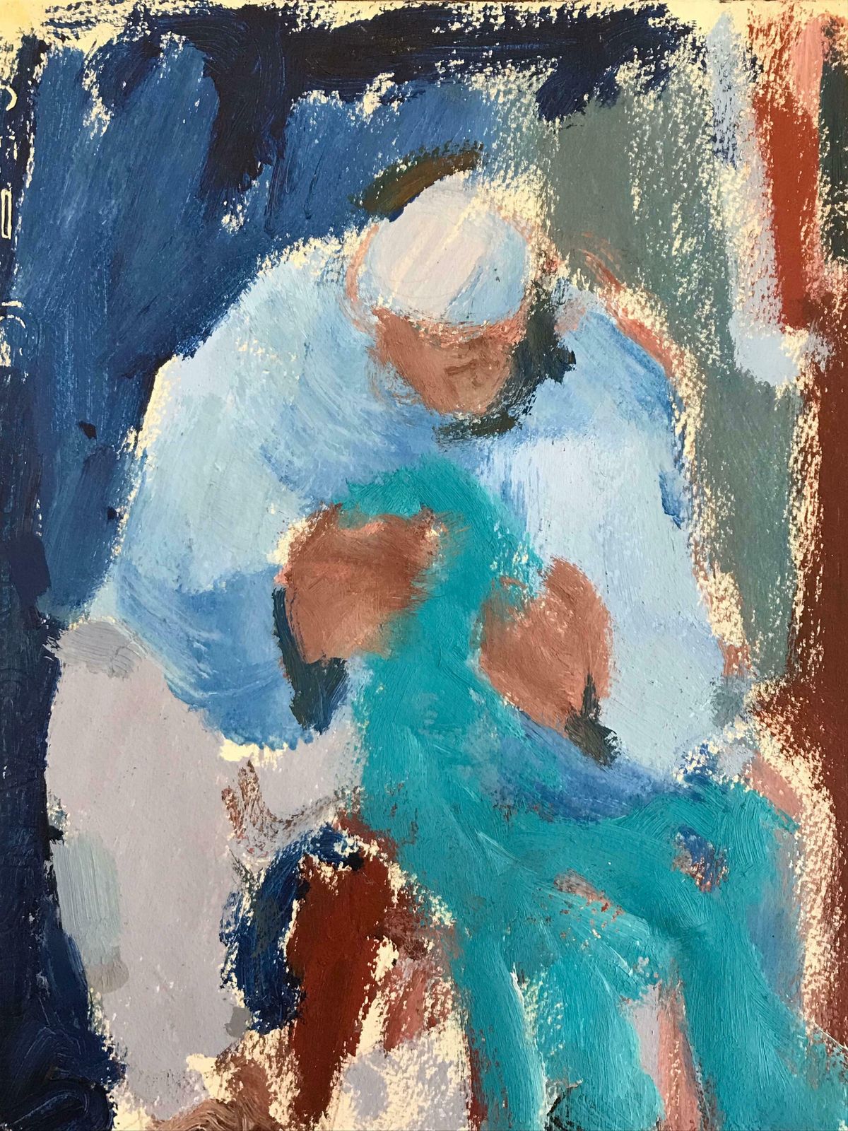 Elisabeth Hahn20th Century German Modernist Oil Painting Abstract Figure Of Man Sewing20th Century photo for sale
