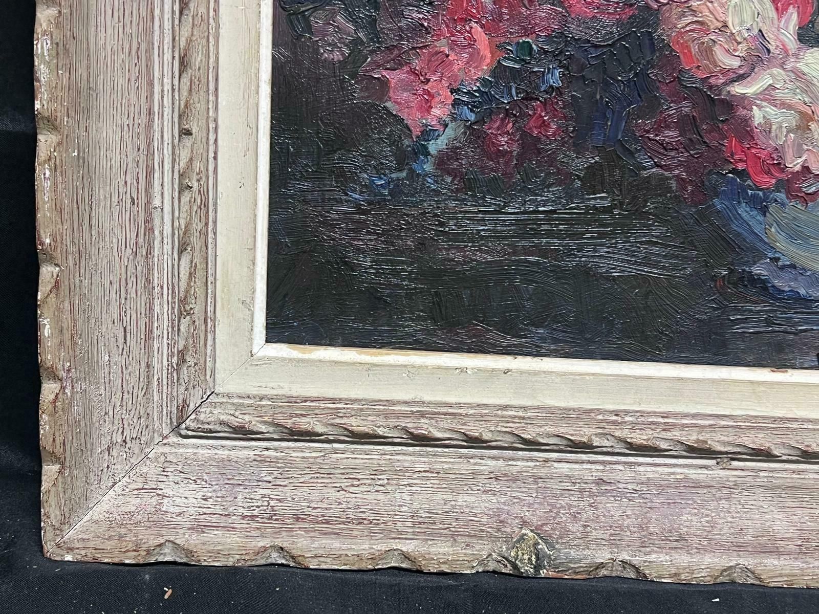 French Schoolmid 20th C French Impressionist Signed Oil Vintage Flowers Montparnasse Frame photo Art