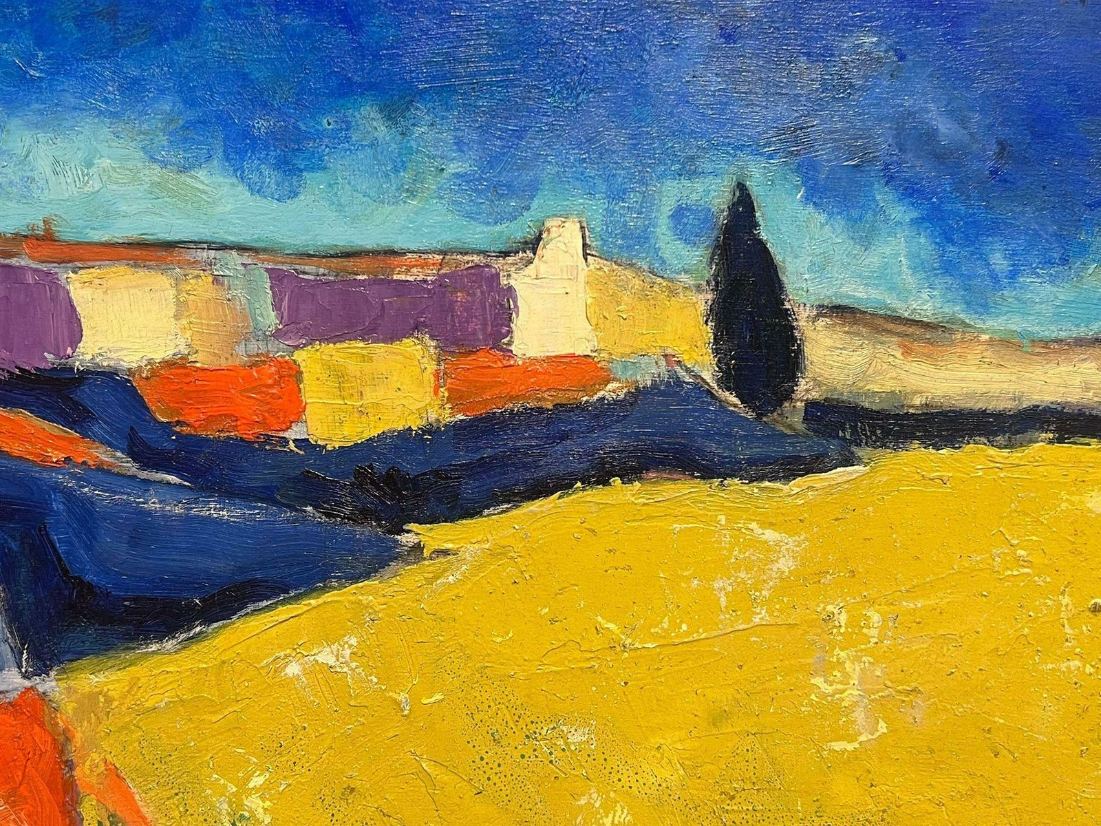 French Schoolmid 20th Century French Cubist Abstract Signed Oil Golden Fields Provence photo Art