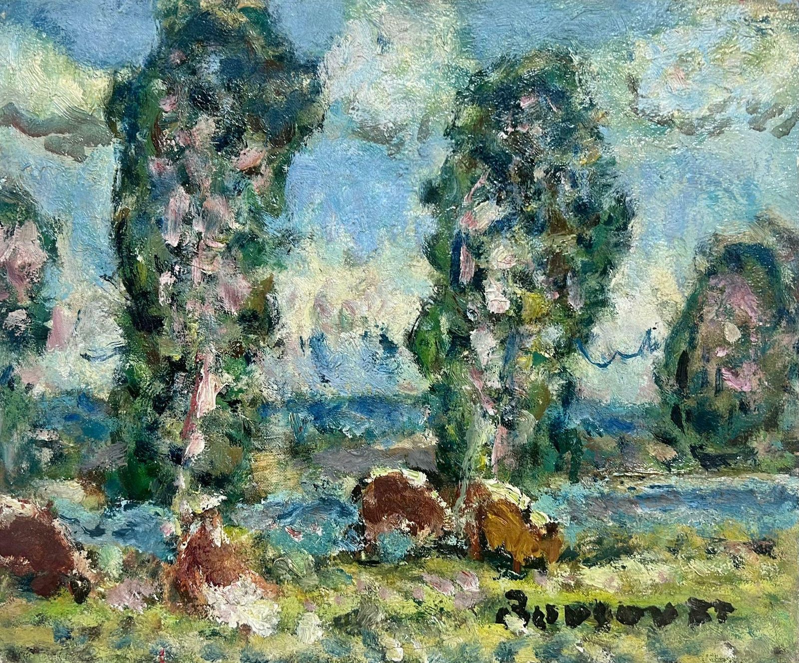 Georges Bousquait1960's French Post Impressionist Signed Oil Painting Cattle Grazing River Landsc