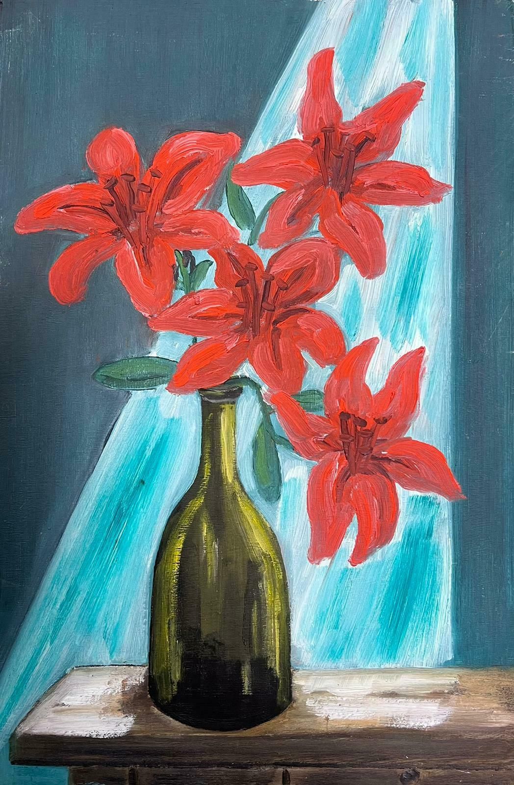 Louise Alixfrench Impressionist Still Life Red Lilies In Green Glass Bottle In Window Sill 1940's