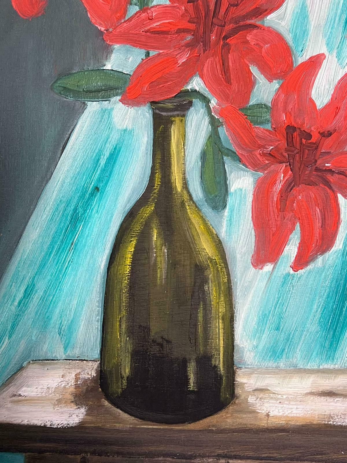 Louise Alixfrench Impressionist Still Life Red Lilies In Green Glass Bottle In Window Sill 1940's photo furniture