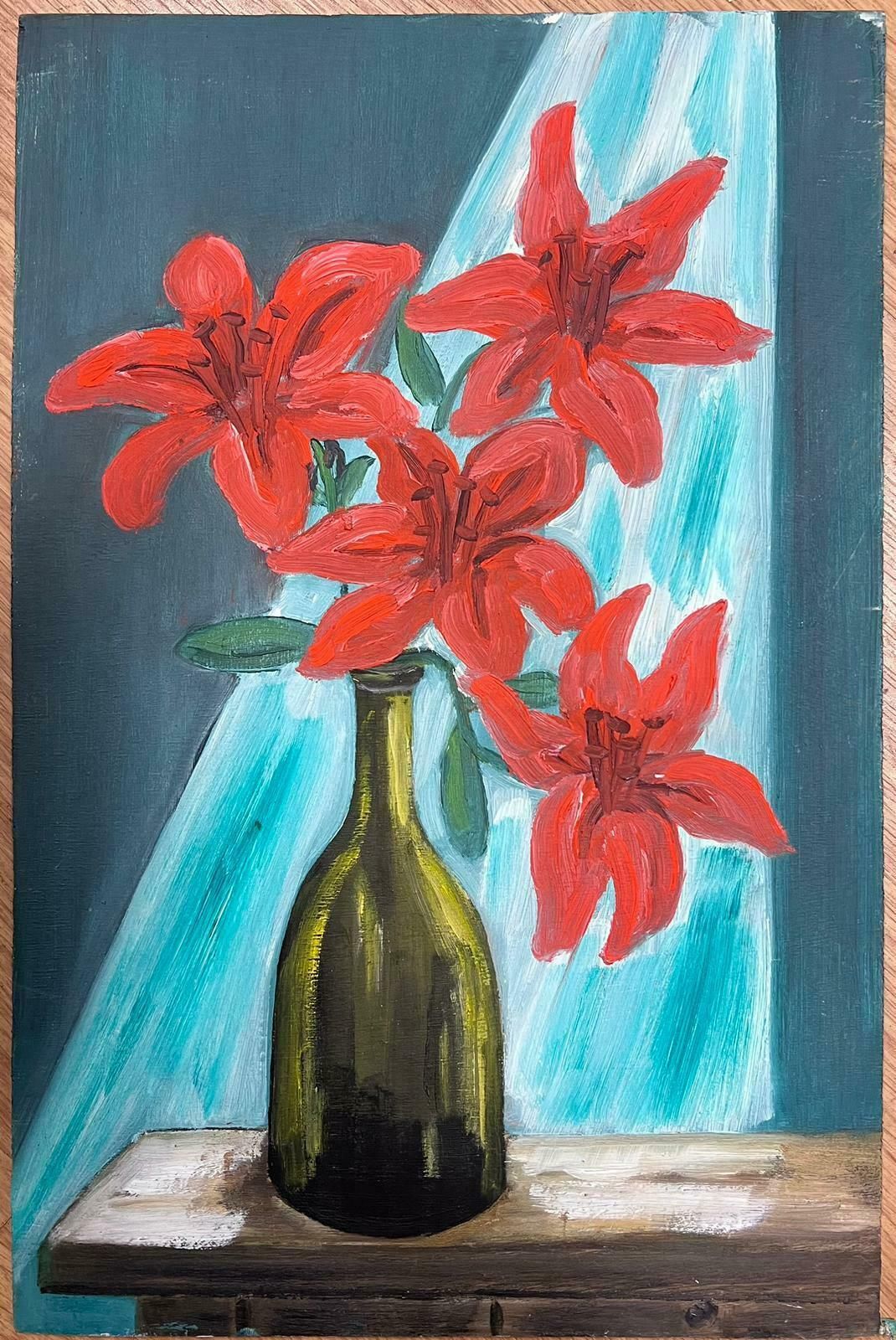 Louise Alixfrench Impressionist Still Life Red Lilies In Green Glass Bottle In Window Sill 1940's photo Art