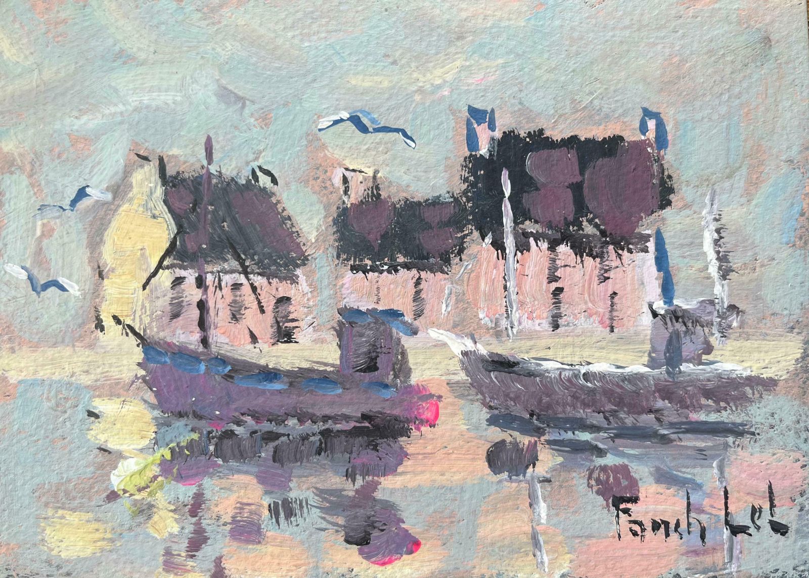 Fanch Lelfrench Impressionist Oil Painting Of "Reflets" French Harbor Scene With Boats2006
