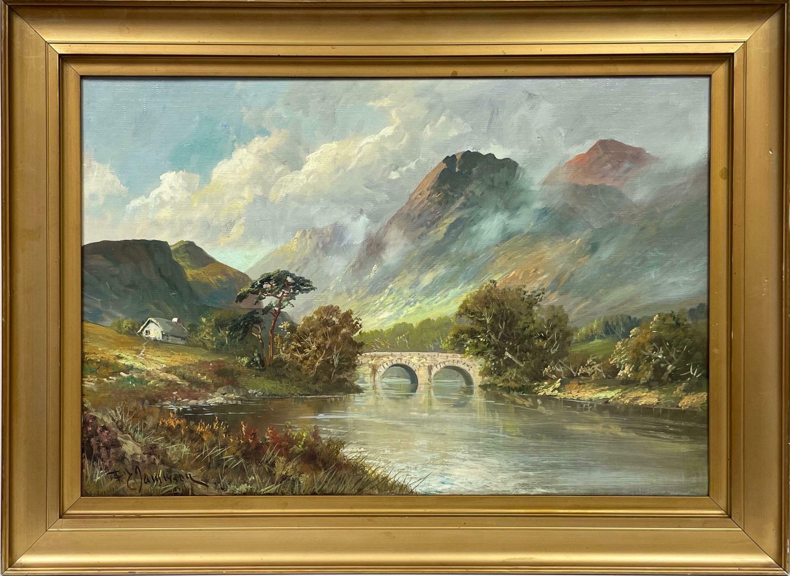 Francis E. Jamiesonantique Scottish Highlands Oil Painting River & Mountains Old Stone Bridgec.1930's photo for sale
