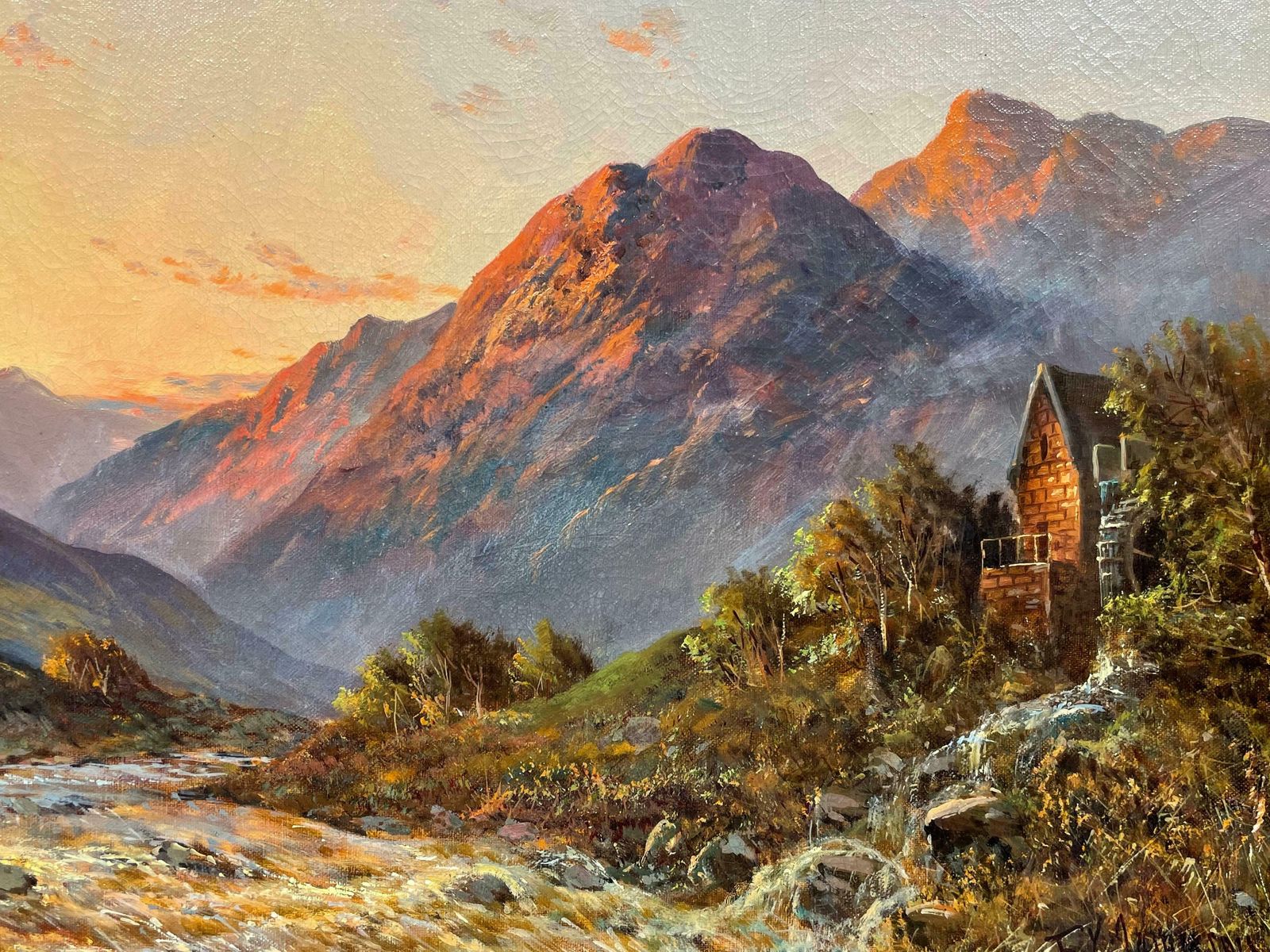 Francis E. Jamiesonantique Scottish Highlands Oil Painting Sunset River Landscape With Mountainsc.1930's photo vinterior