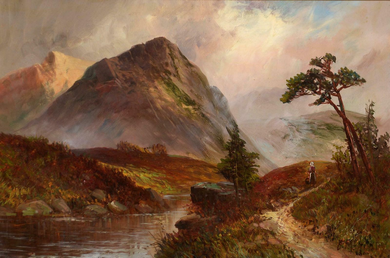 Francis E. Jamiesonantique Scottish Oil Painting Sunset Lomond With Figure On Pathc.1930's
