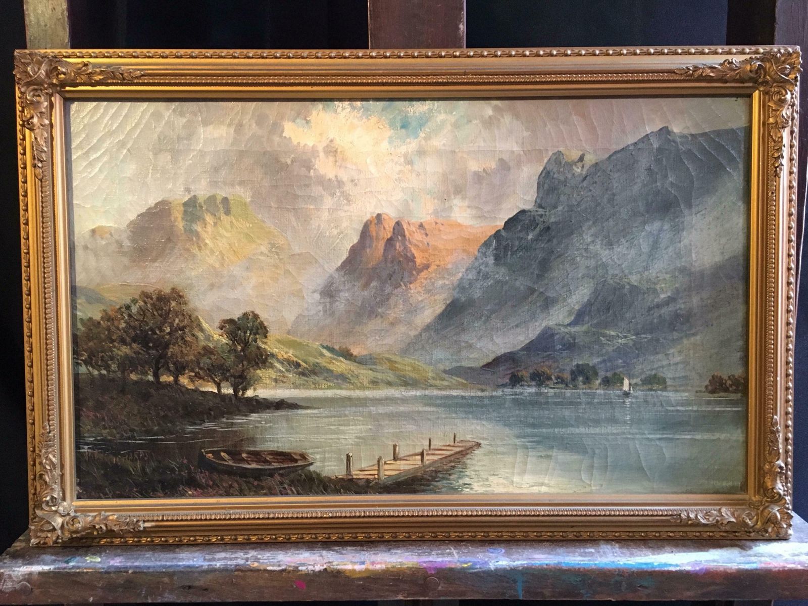 Francis E. Jamiesonloch Lomond, View Of The Jetty, Antique Scottish Oil Painting Sunset, Signedc.1930's photo furniture