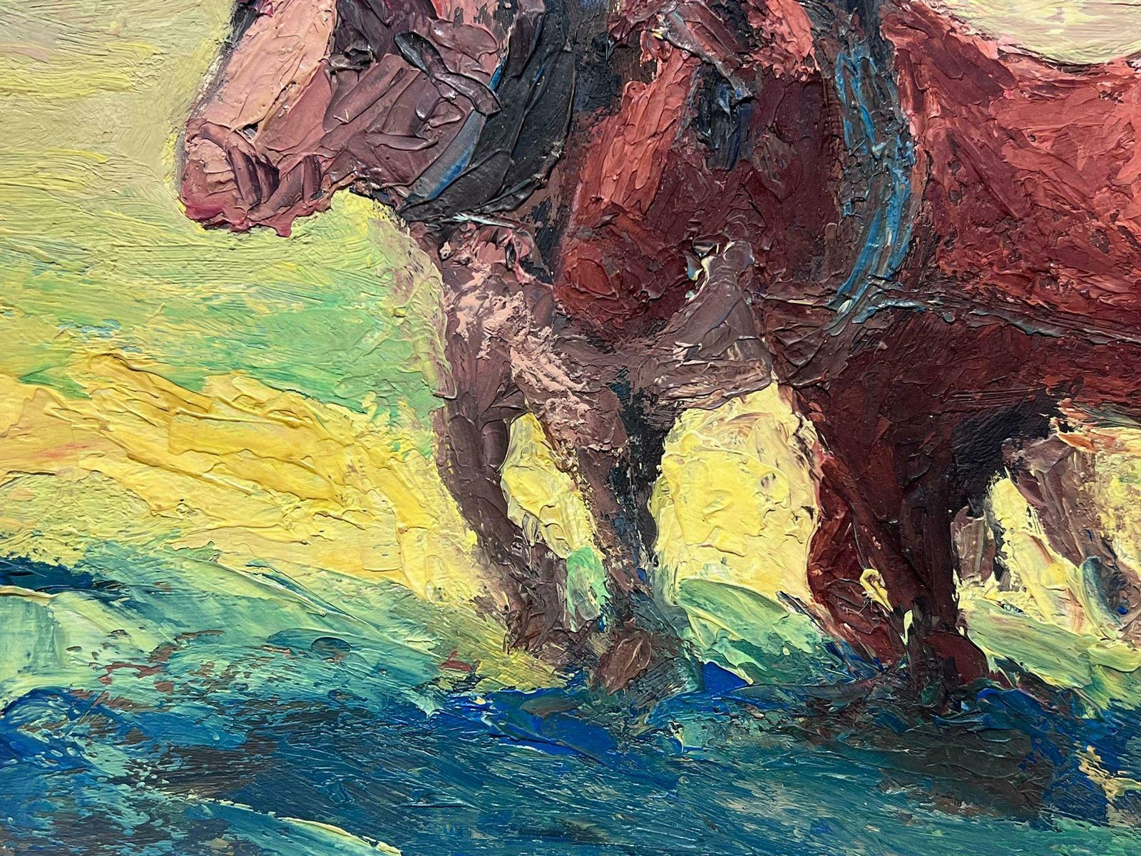 Leon Hatotfrench Oil Painting Two Brown Horses Pulling A Figure Through Green Field photo for sale