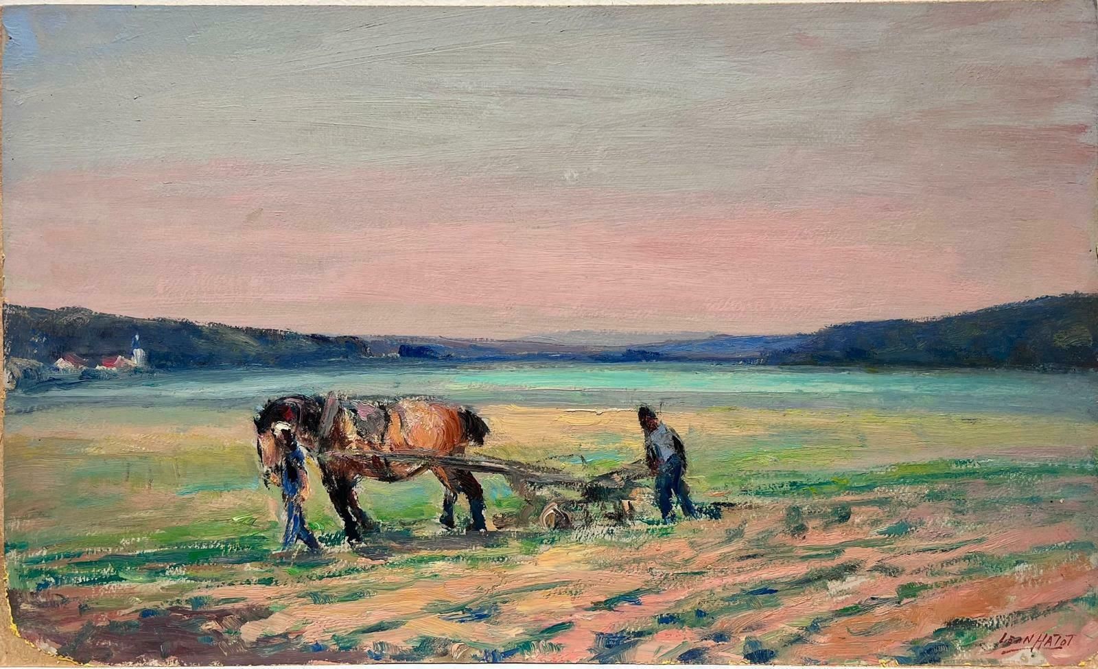 Leon Hatotvintage French Oil Painting Pink Sunset Over Horse And Farmers In Field