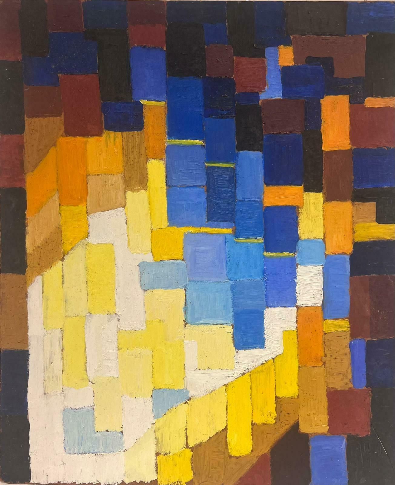 French School20th Century French Cubist Oil Painting Blues Oranges Yellow & Beige Cubes