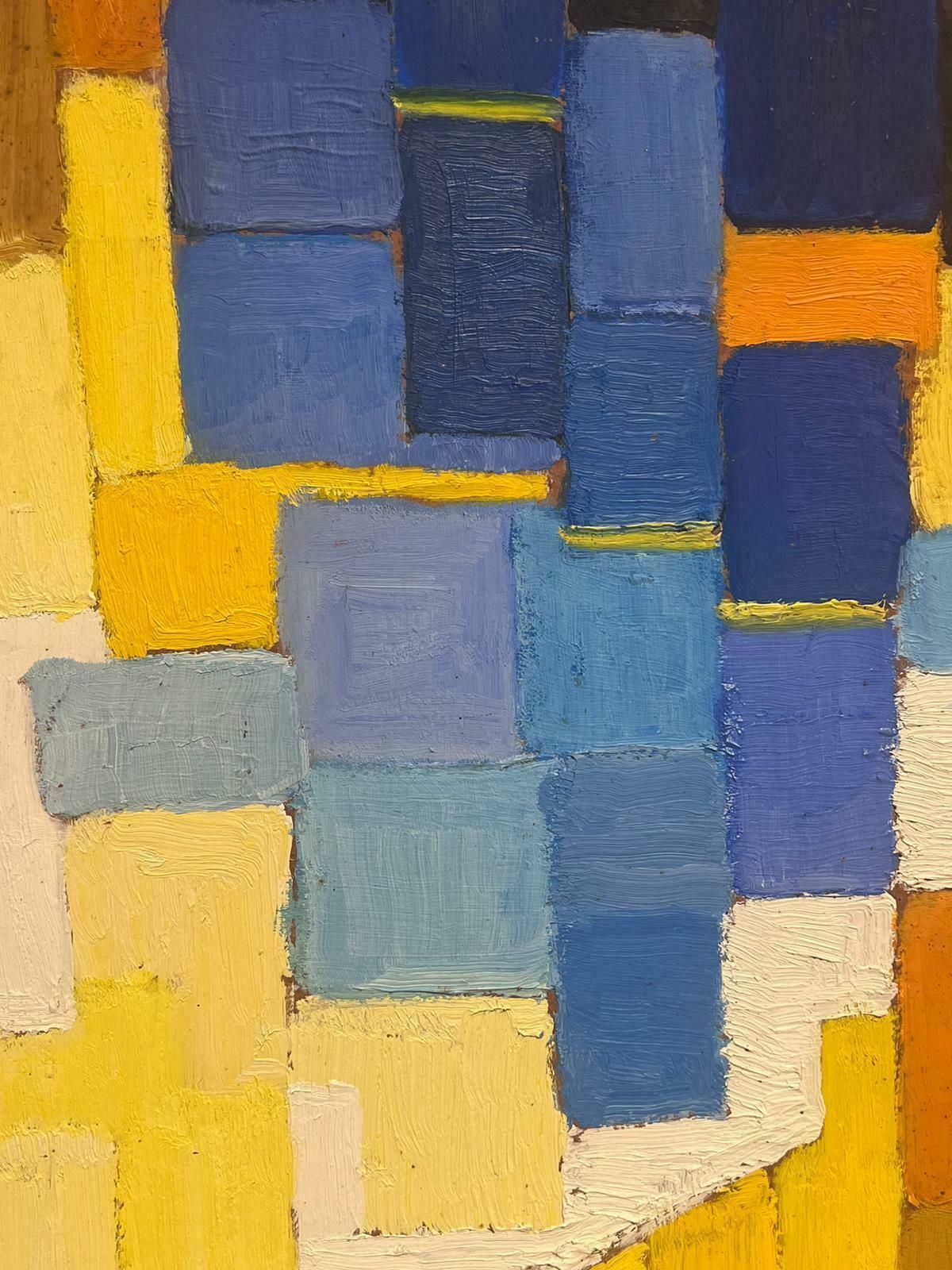 French School20th Century French Cubist Oil Painting Blues Oranges Yellow & Beige Cubes photo 1022.0