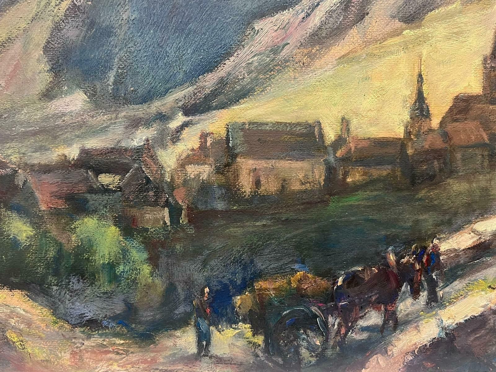 Leon Hatotvintage French Oil Painting Horses Trotting Atmospheric Village Landscape photo for sale