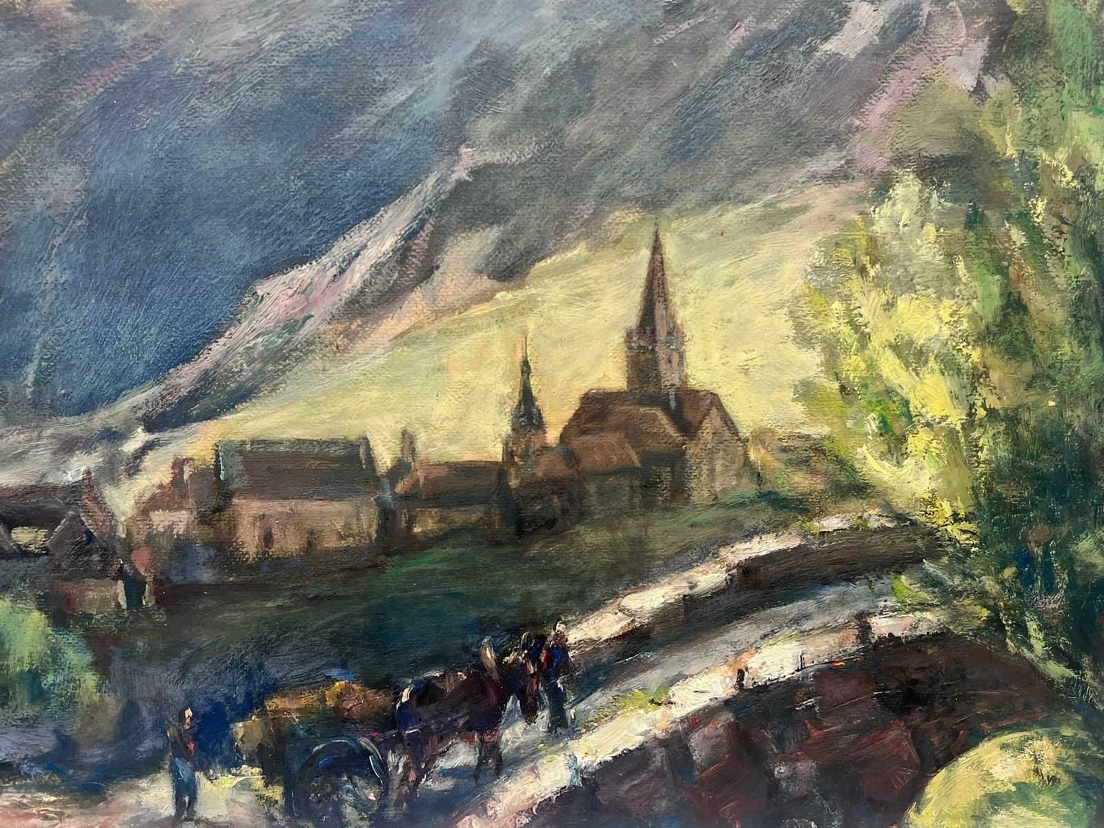 Leon Hatotvintage French Oil Painting Horses Trotting Atmospheric Village Landscape photo 562.0