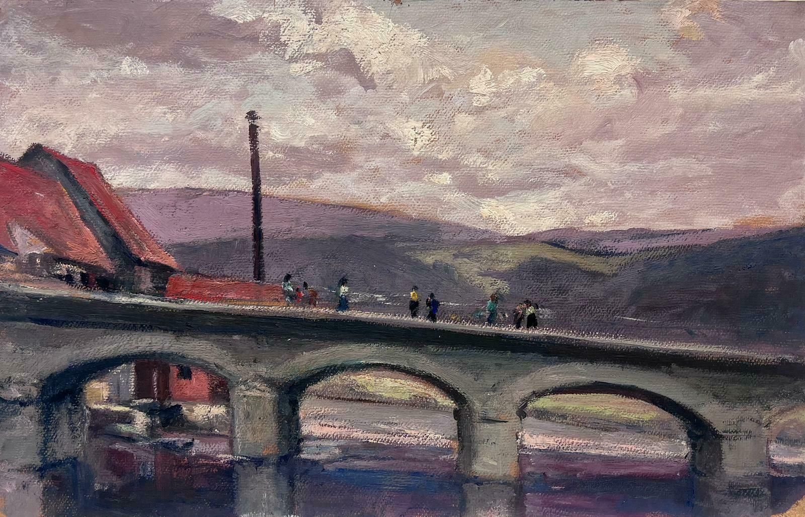 Leon Hatotvintage French Oil Painting Of A Purple Sunset Over A Grey Bridge With Figures