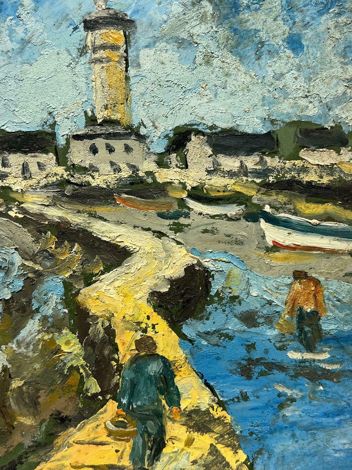 Fanch Lelcharming Lighthouse And Coastal Village Scene With Fishermen & Figures20th Century photo for sale