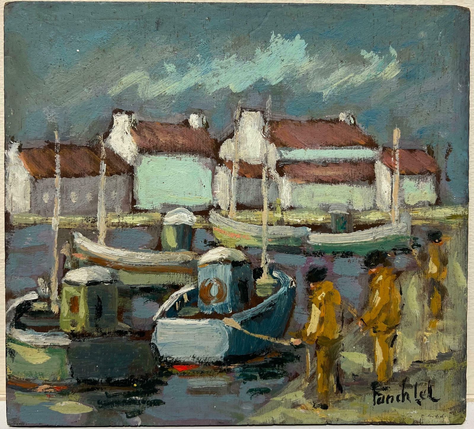 Fanch Lelcharming Harbor Scene With Fishing Boats And Fishermen In Orange Oilskins 20th Century photo for sale