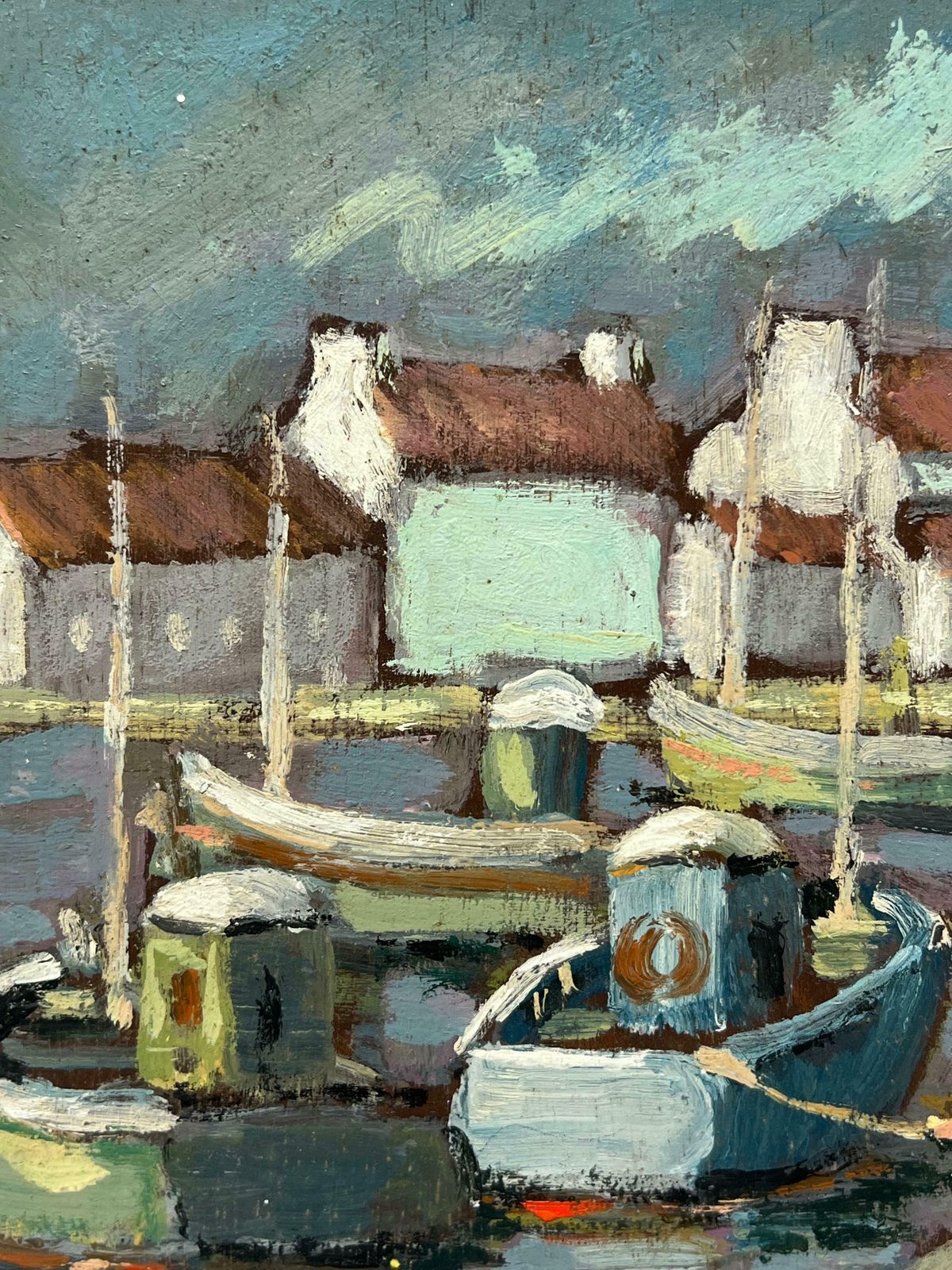 Fanch Lelcharming Harbor Scene With Fishing Boats And Fishermen In Orange Oilskins 20th Century photo 613.0
