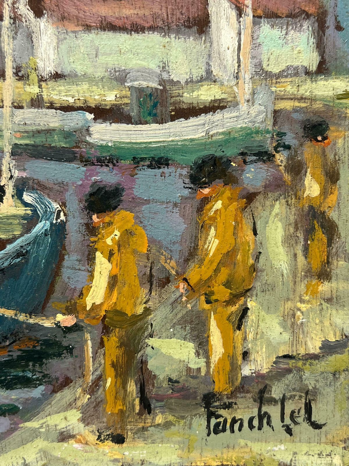 Fanch Lelcharming Harbor Scene With Fishing Boats And Fishermen In Orange Oilskins 20th Century photo buy
