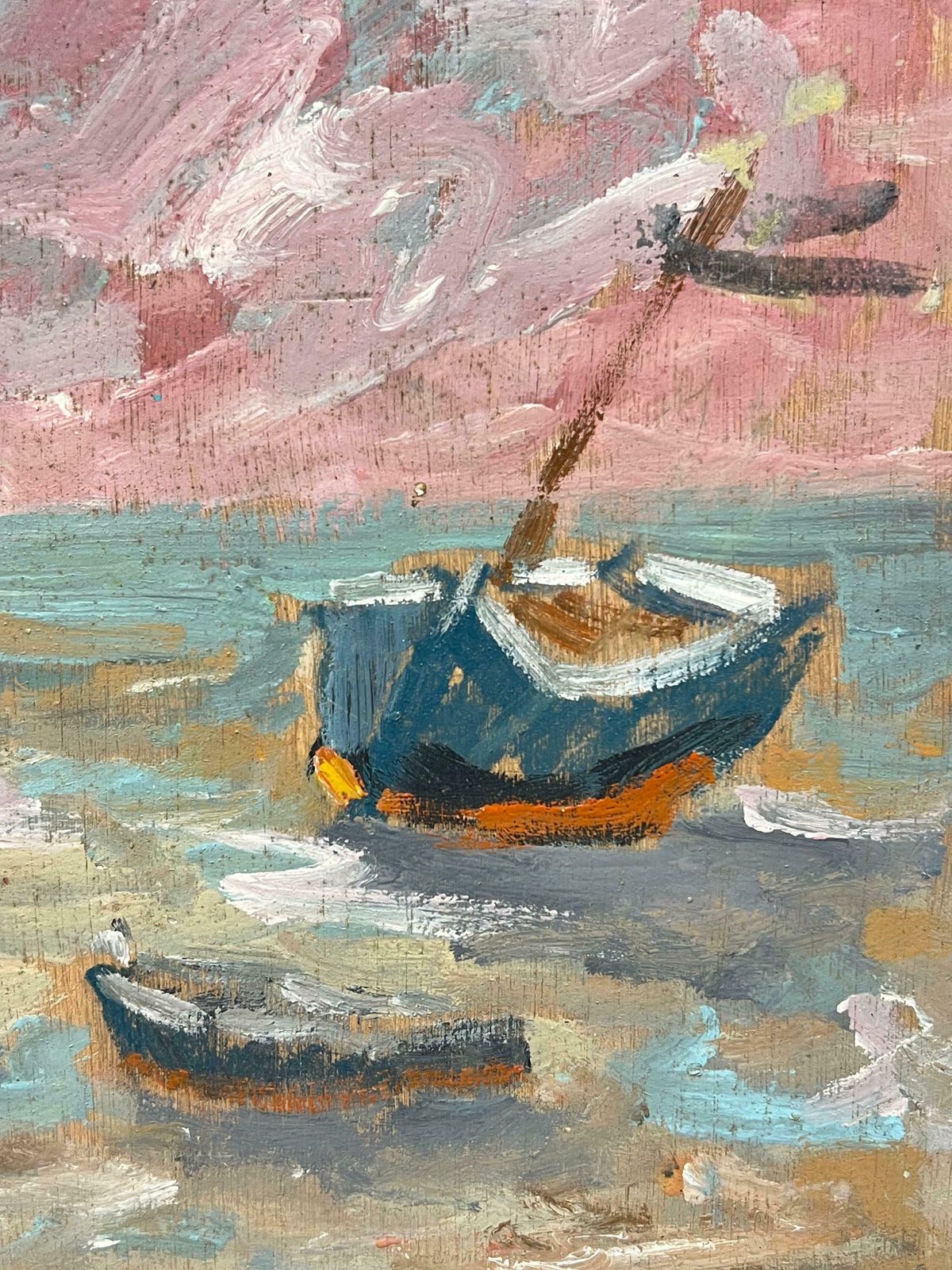 Fanch Lelbeached Blue Boats At Pink Sunset Coastal Scene French Oil Painting20th Century photo for sale