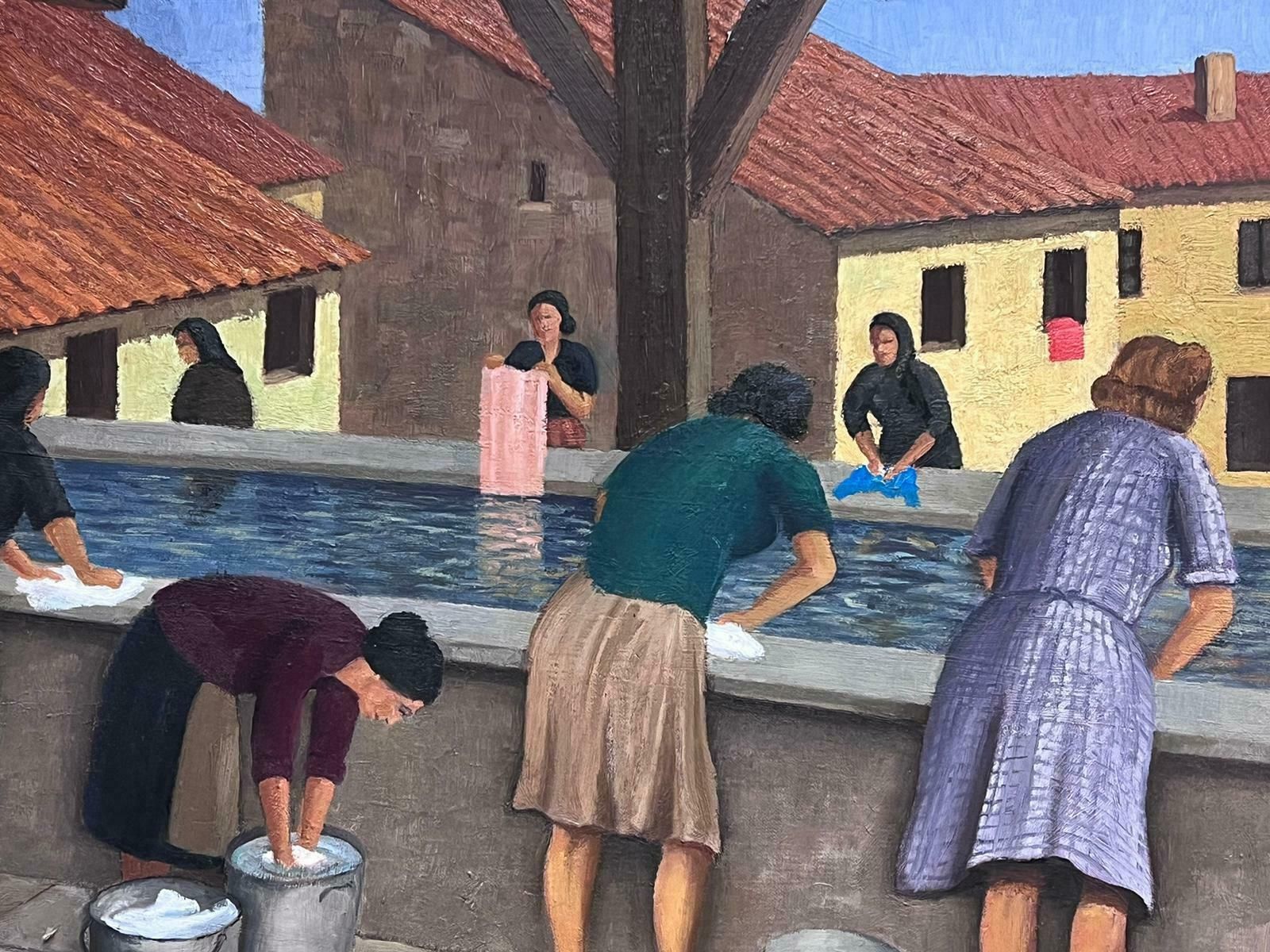 French Mid 20th Centurylarge 1950's French Signed Oil Painting Ladies Washing Clothes At Public Baths1950's photo for sale