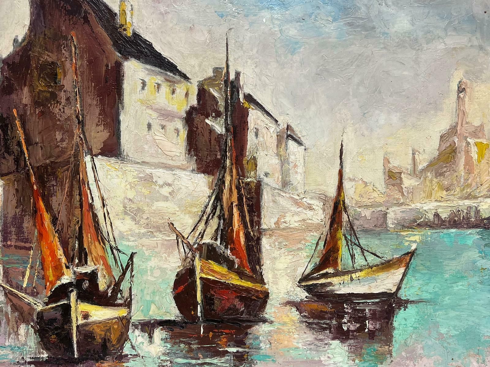 French School1970's French Modernist Signed Oil Painting Three Fishing Boats In Sleepy Harbou photo furniture