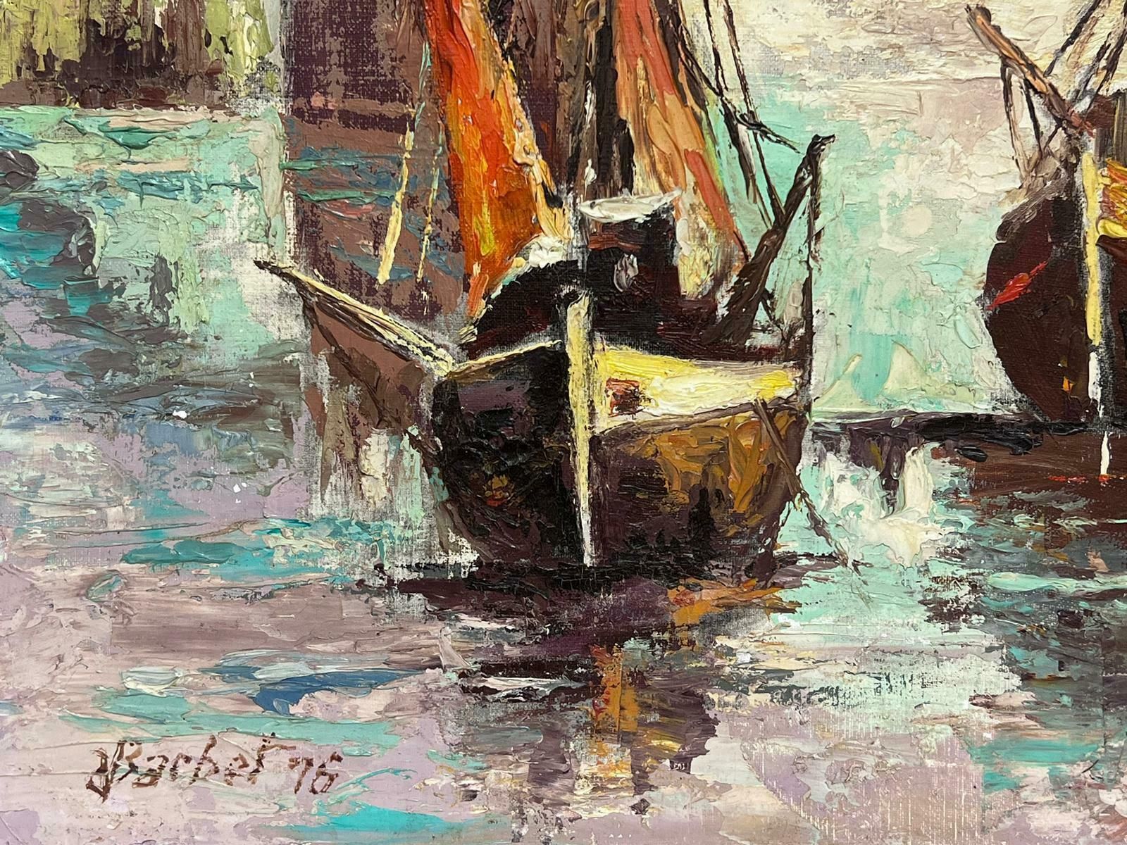 French School1970's French Modernist Signed Oil Painting Three Fishing Boats In Sleepy Harbou photo 894.0