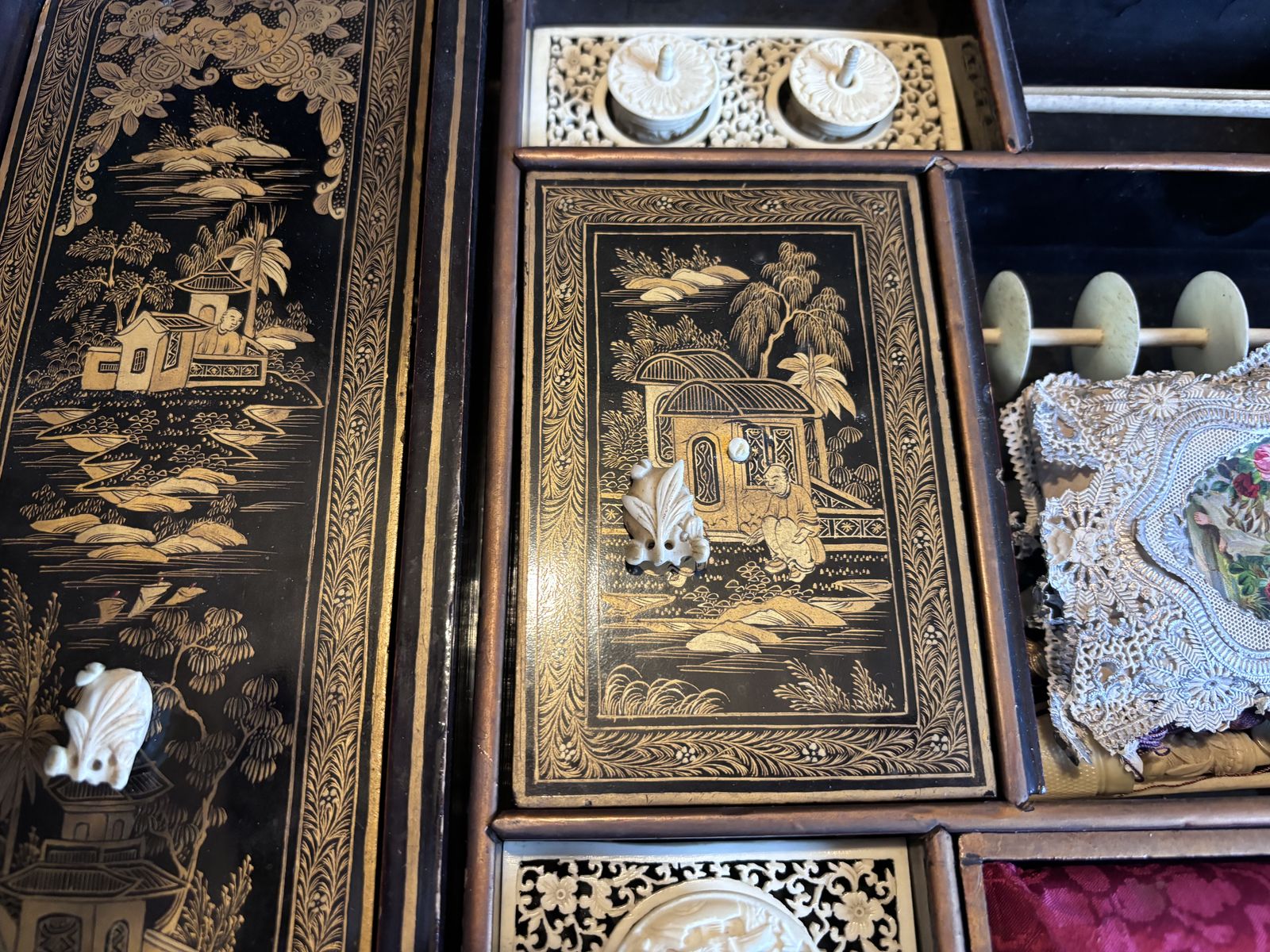 Chinoiserie Hand Painted Lacquered Sewing Table With Original Bone & Ivory Bobbins photo buy