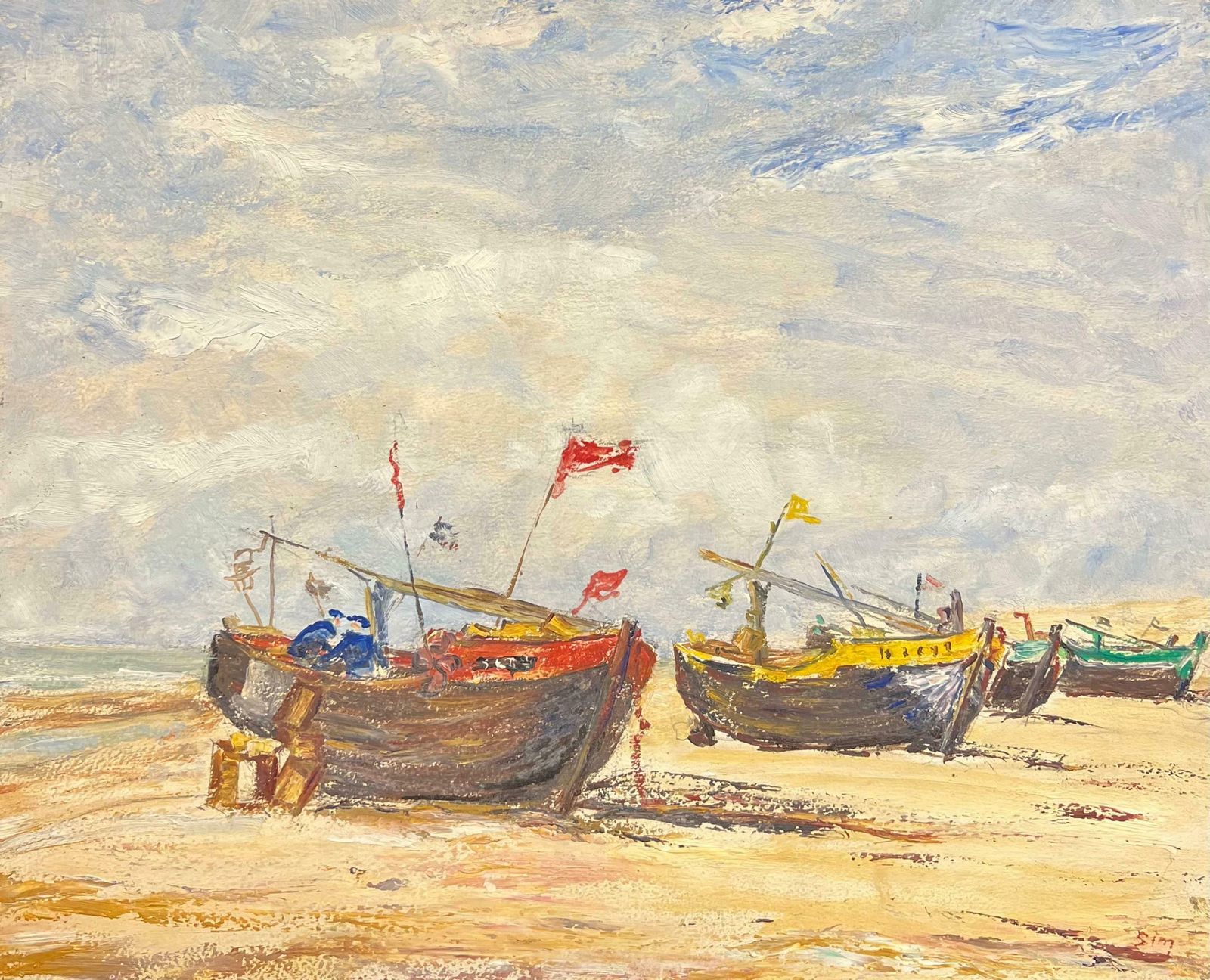 Simone Forge1950's French Impressionist Colorful Fishing Boats Resting On The Beach Oil19th Century