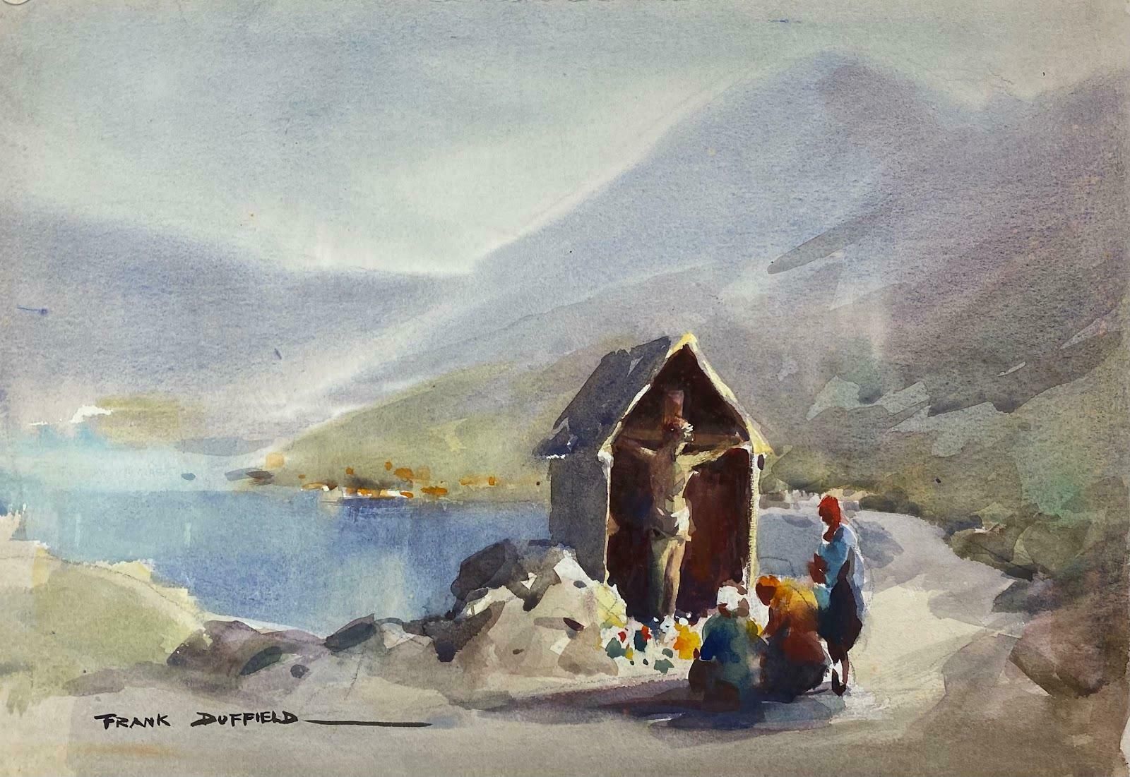 Frank Duffieldbritish Painting Figures Beside A Symbolic Sculpture Of Jesus Christ Mid 20th Century