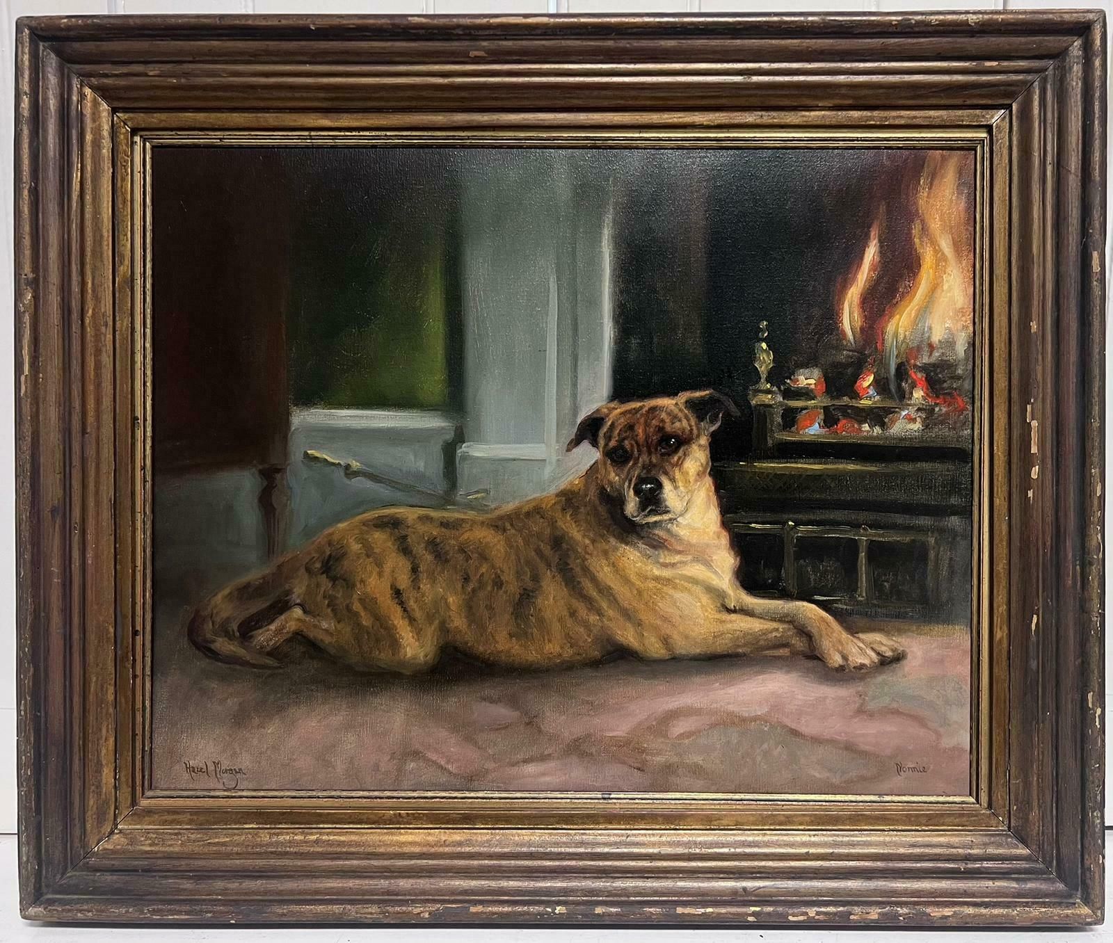 Hazel Morganenglish Dog Oil Painting Boxer Dog Beside Open Fireplace In Home Signed Original photo furniture