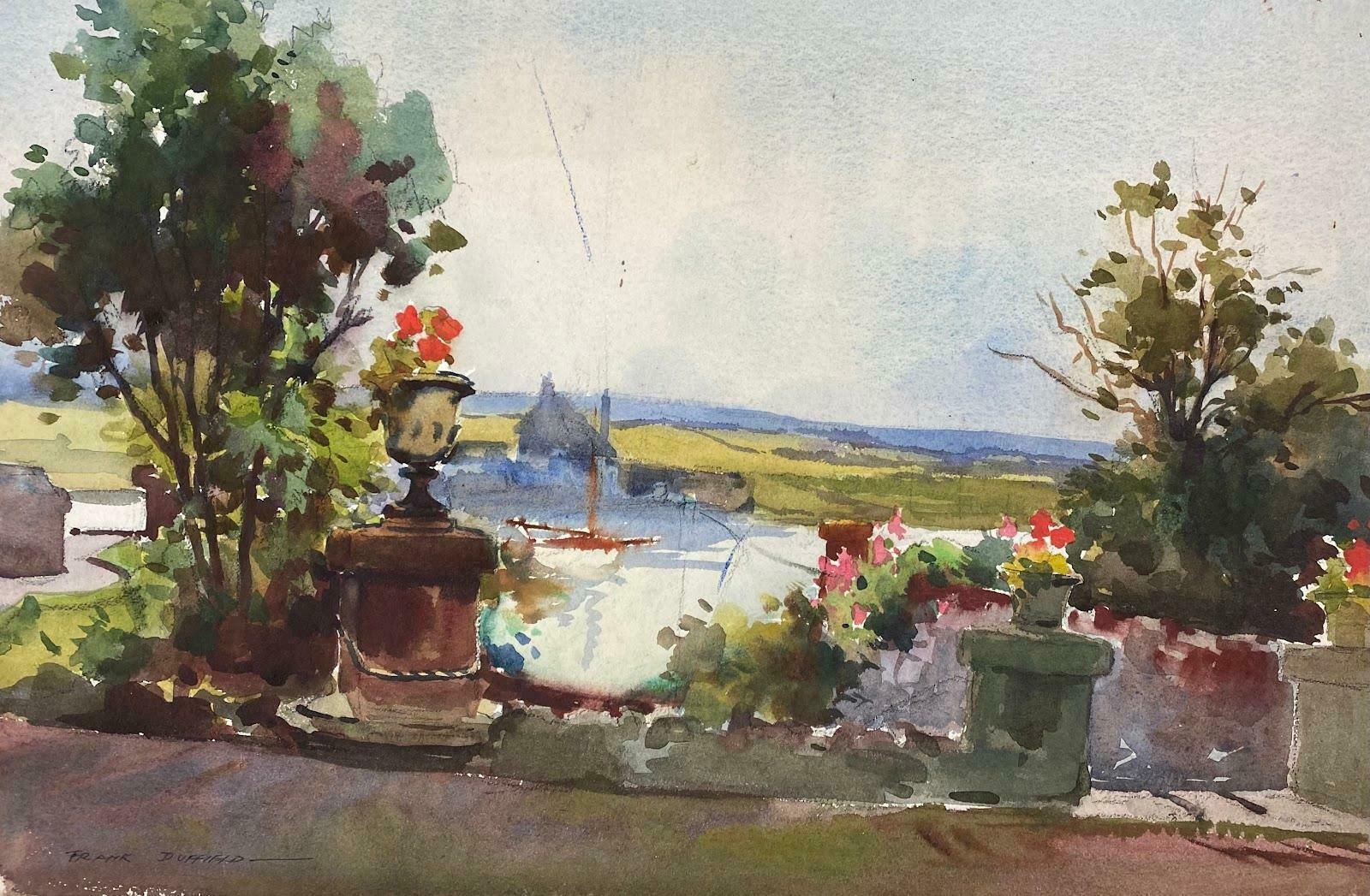 Frank Duffieldbritish Impressionist Painting Flowers, Foliage And Boat On The Lake Mid 20th Century