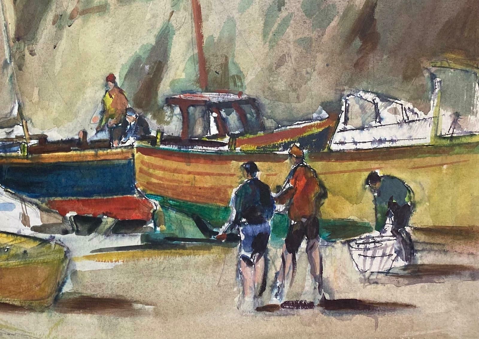 Frank Duffieldbritish Impressionist Painting Fishermen And Boats On The Beachmid 20th Century photo furniture