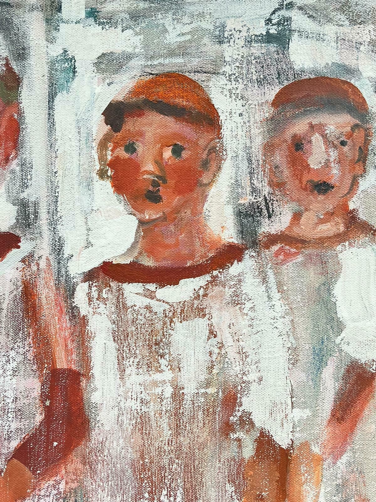 Huguette Ginet Lasnier Contemporary French Abstract Portrait Three Children Standing In Snow Signed Oilc. 2000's photo for sale