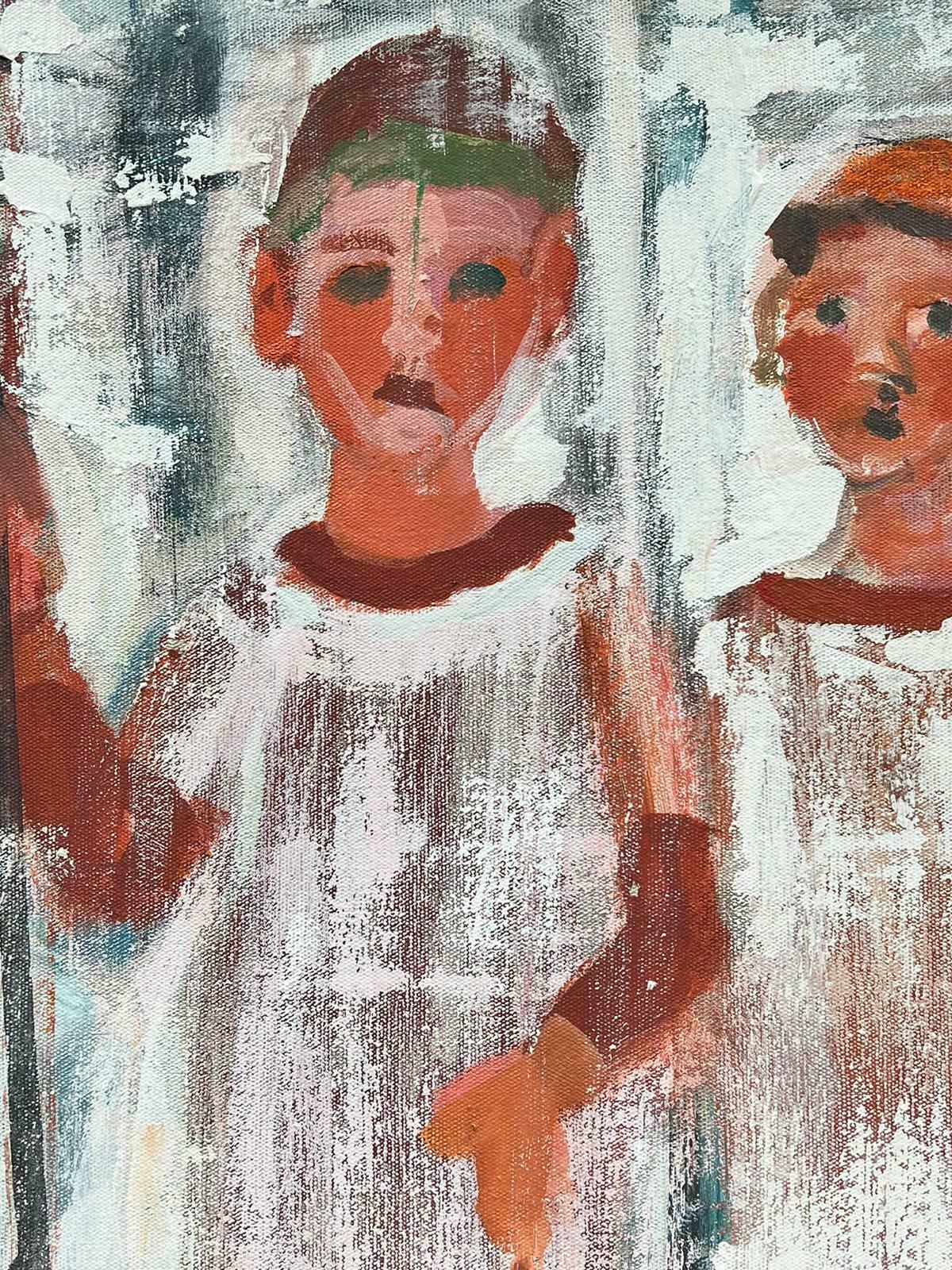Huguette Ginet Lasnier Contemporary French Abstract Portrait Three Children Standing In Snow Signed Oilc. 2000's photo vinterior