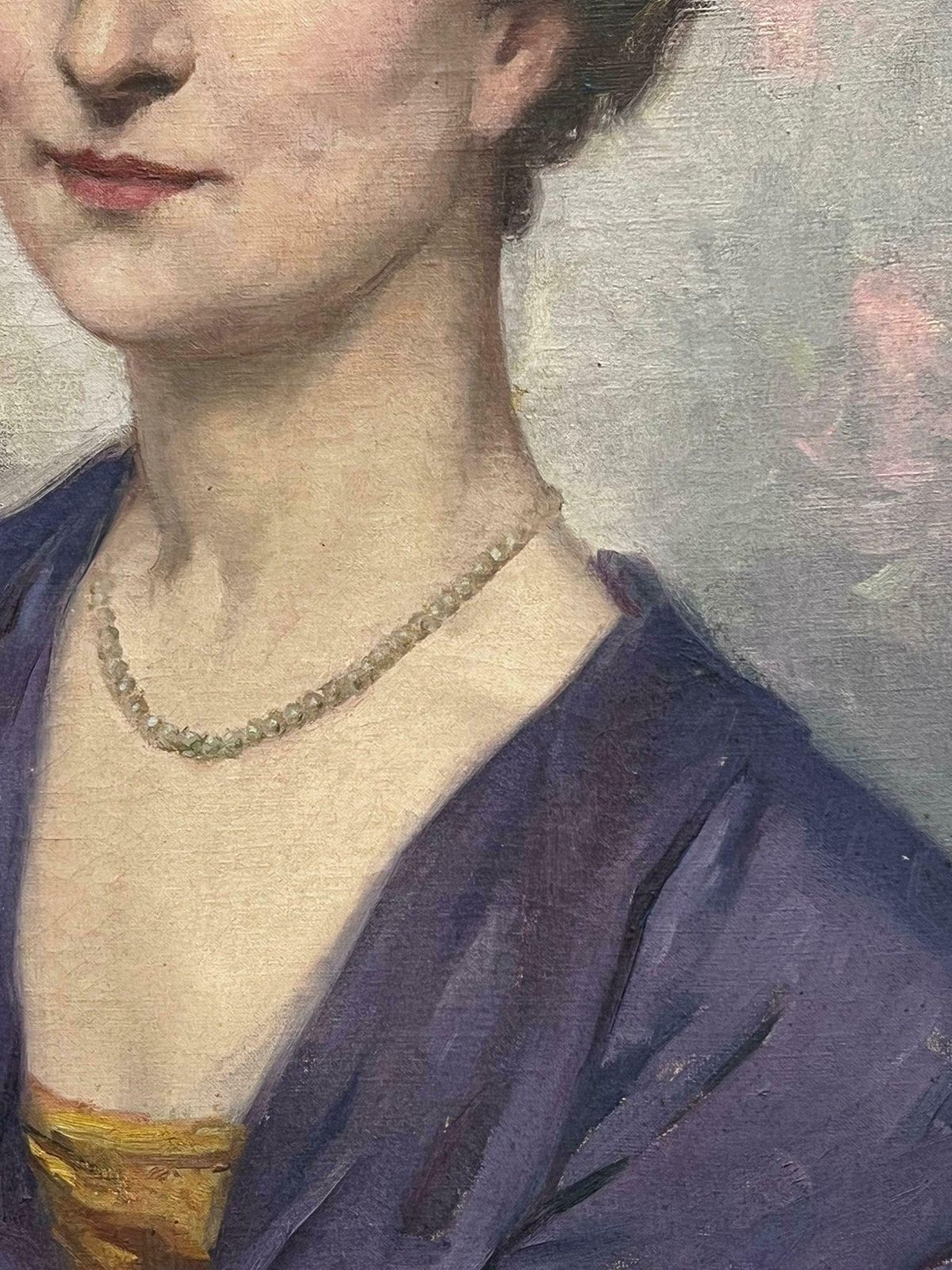French 1930'sbeautiful 1930's French Signed Oil Portrait Lady Purple Dress Blue & Pink Back1930's photo furniture