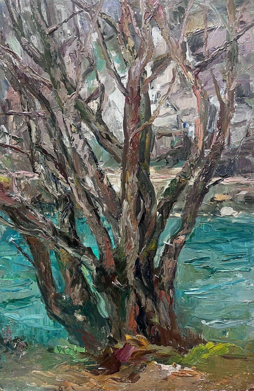 Regine Davidmid 20th Century 1950's French Post Impressionist Oil Old Tree By Blue River1950's