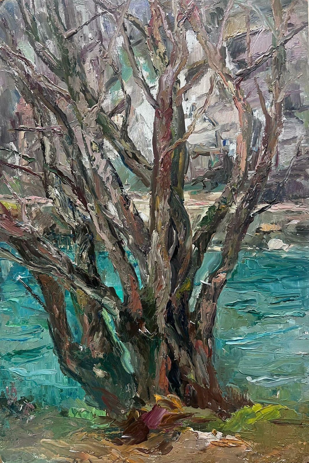 Regine Davidmid 20th Century 1950's French Post Impressionist Oil Old Tree By Blue River1950's photo furniture