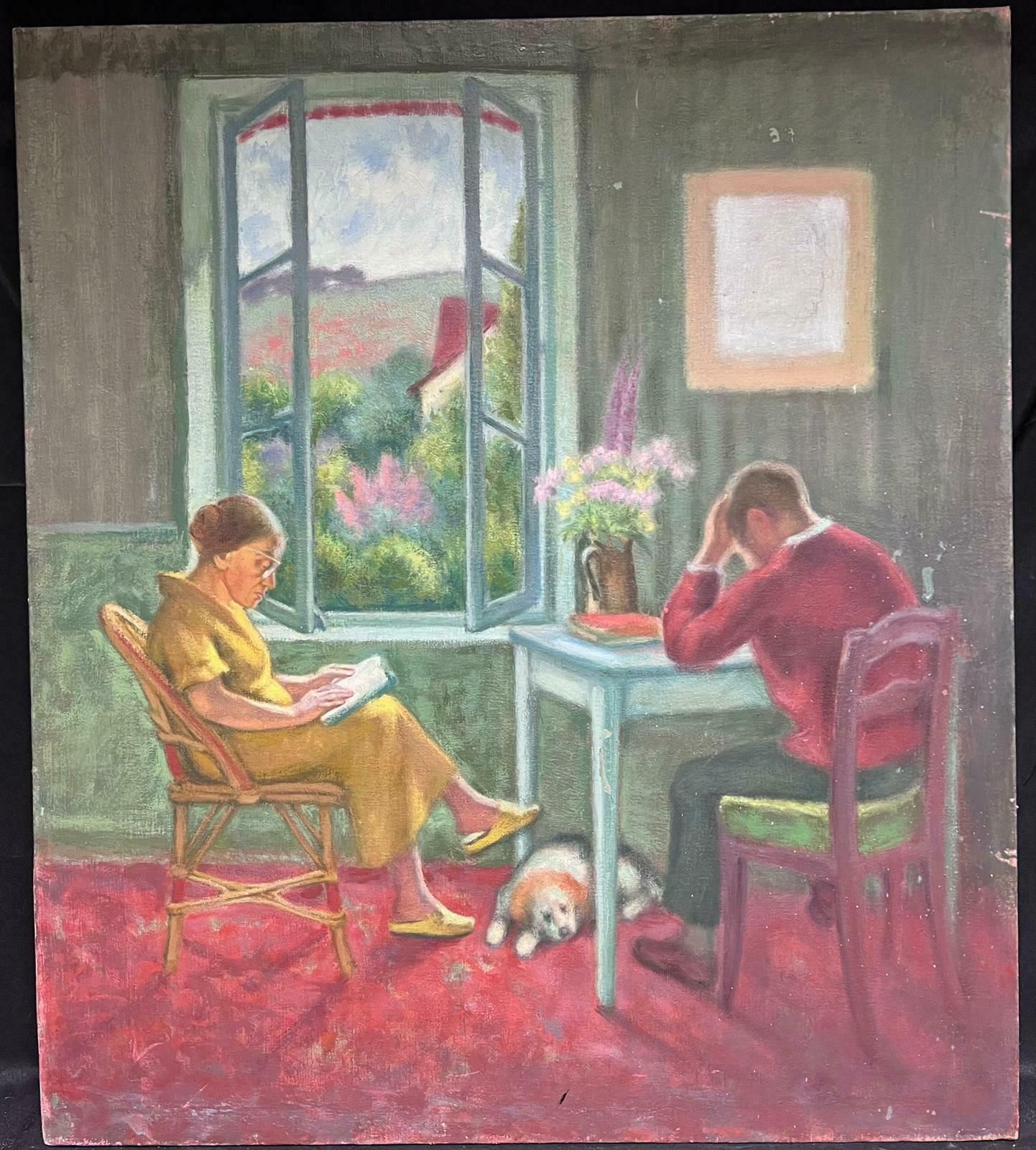 Jacob Markiellarge French/ Polish Modernist Oil Painting Interior Room Figures Reading & Dog photo furniture